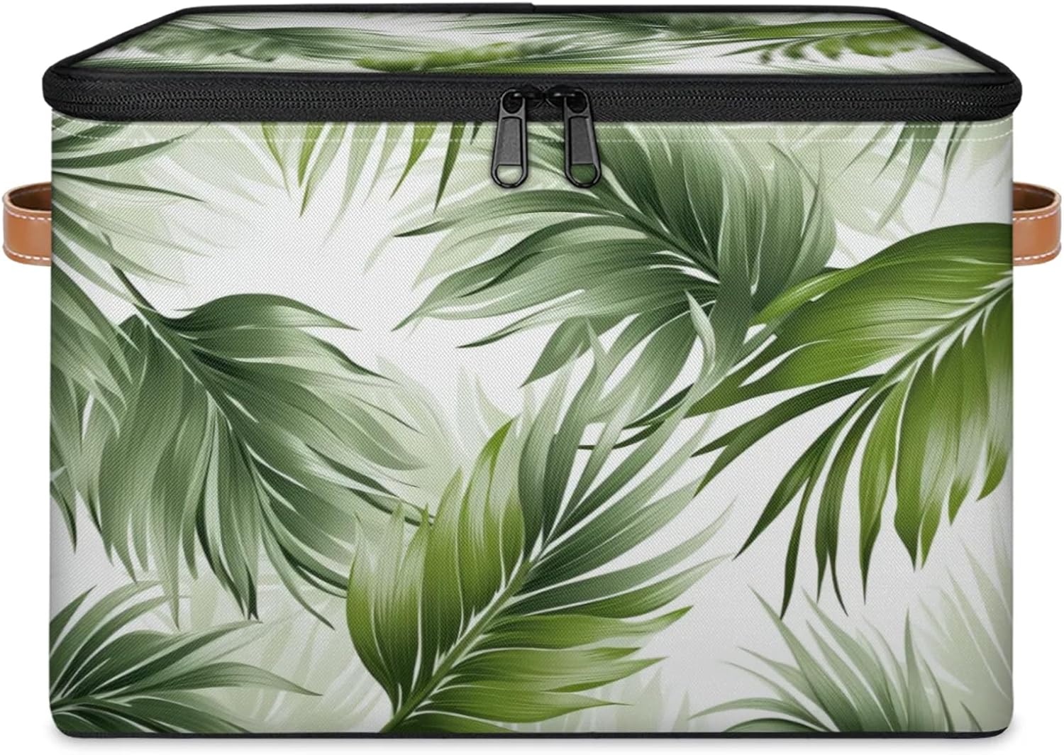 Storage Bin Set of 2 Tropical Leaves Storage Basket with Zipper Lid & Handle Foldable Closet Shelf 2 Pack Cloth Organizer Basket Cube Bins Clothes Organizer for Nursery, Bedroom