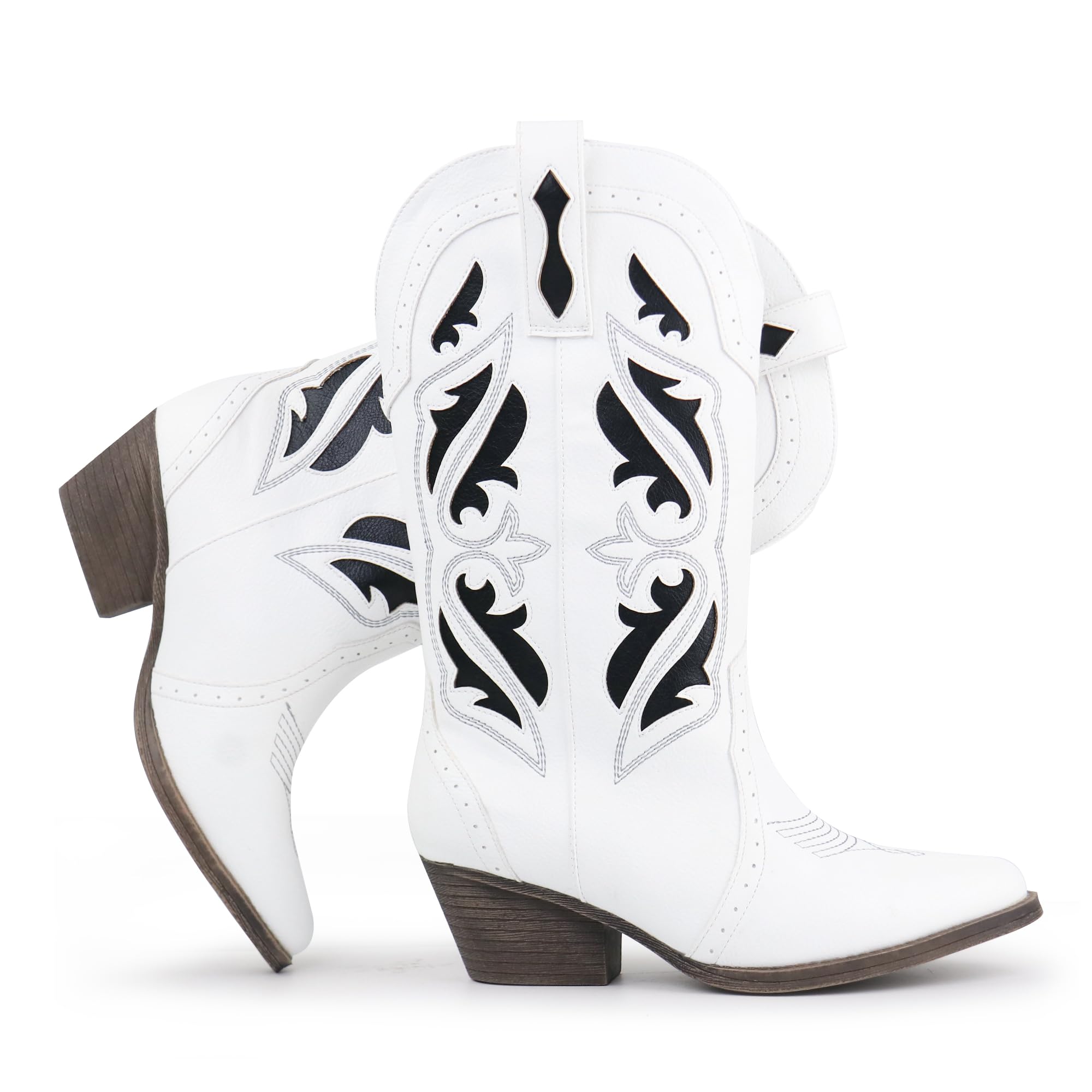 Hawkwell Women's Embroidered Stitched Mid Calf Cowboy Boots Pointed Toe Chunky Block Heel Classic Pull On Cowgirl Western Booties