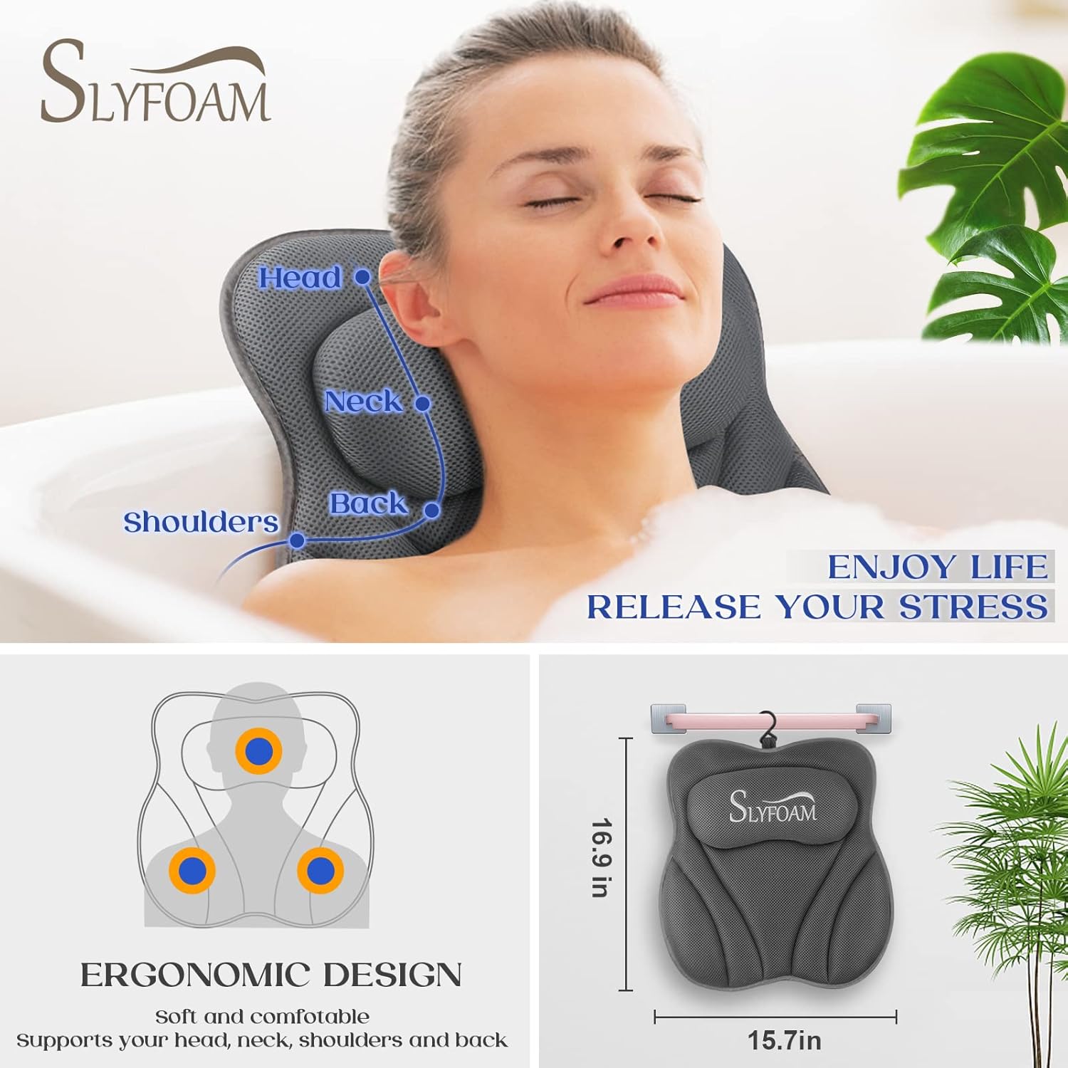 Slyfoam Bath Pillow for Tub Neck and Back Support Bathtub Pillow Bubble Bath Accessory for Soaking, Jacuzzi or Spa Bathtub, Luxury Soft 4D Bath Tub Pillow with Strong Suction Cups for Body Relaxing : Beauty & Personal Care