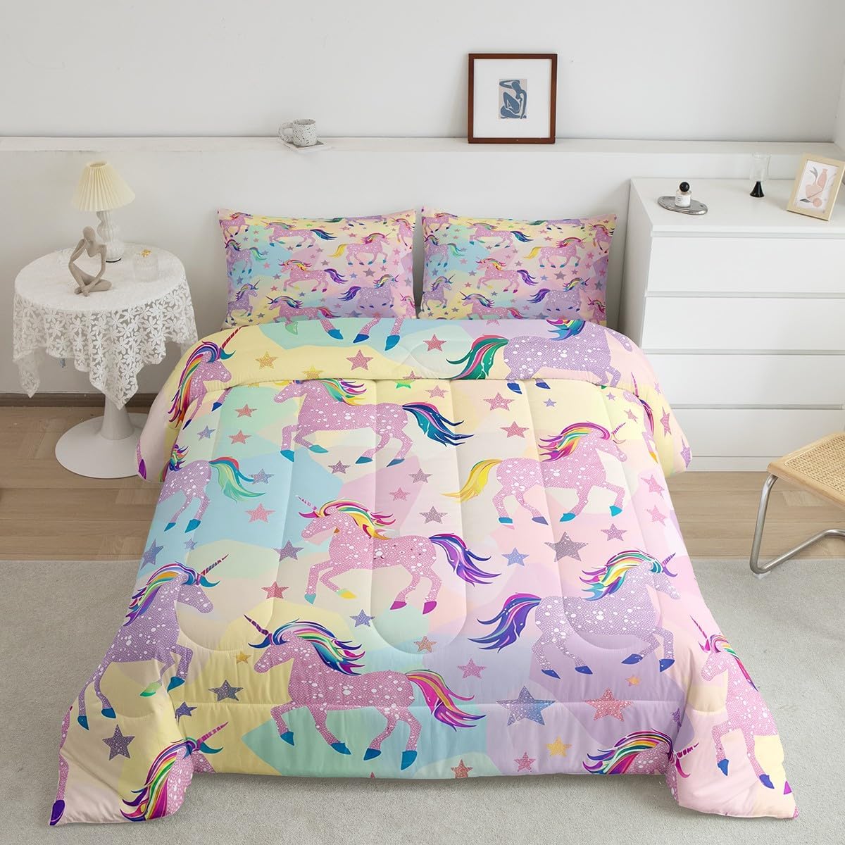 Castle Fairy Unicorn Girlish Comforter Set Toddler Size Cartoon Dreamy Animal Bedding Set Bedroom Decor Pastel Pink Tie Dye Quilt Set for Kids Girls Butterfly Star Print Duvet Insert 2Pcs