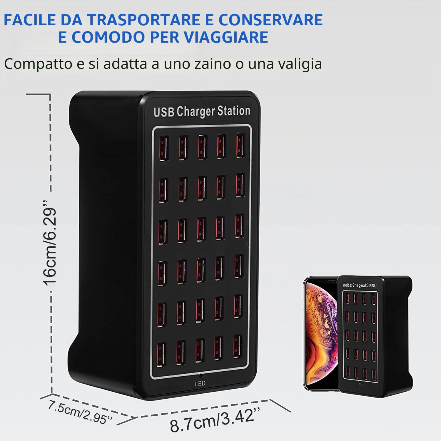 Caricatore USB a 30 Porte,150W/30A Caricatore intelligente USB, Hub di ricarica da tavolo 30 in 1, Della stazione di ricarica a più porte per Samsung/iPhone/iPad/Google Pixel/Tablet ed elettronica USB