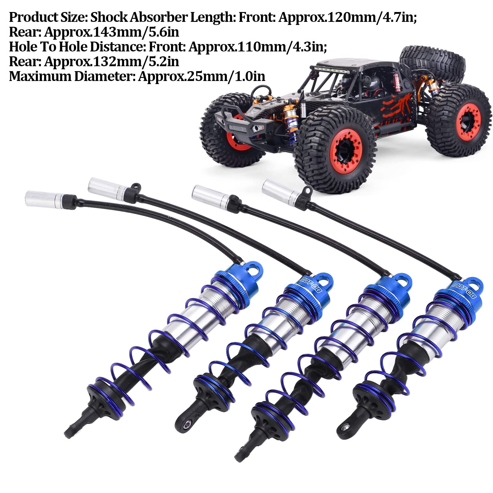 4 szt. Zestaw amortyzatorów RC Regulowany olejem zestaw przednich tylnych amortyzatorów Symuluj metal dla 1/8 RC Car Crawler (Deep Blue)