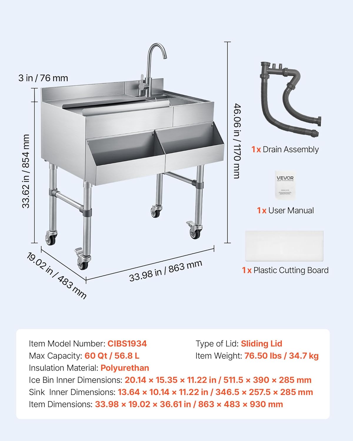 VEVOR Commercial Ice Bin with Sink & Faucet, Stainless Steel Ice Chest with Sliding Lid and Bottle Holders, Cooler Cart Cocktail Unit for Bar Restaurant Pub