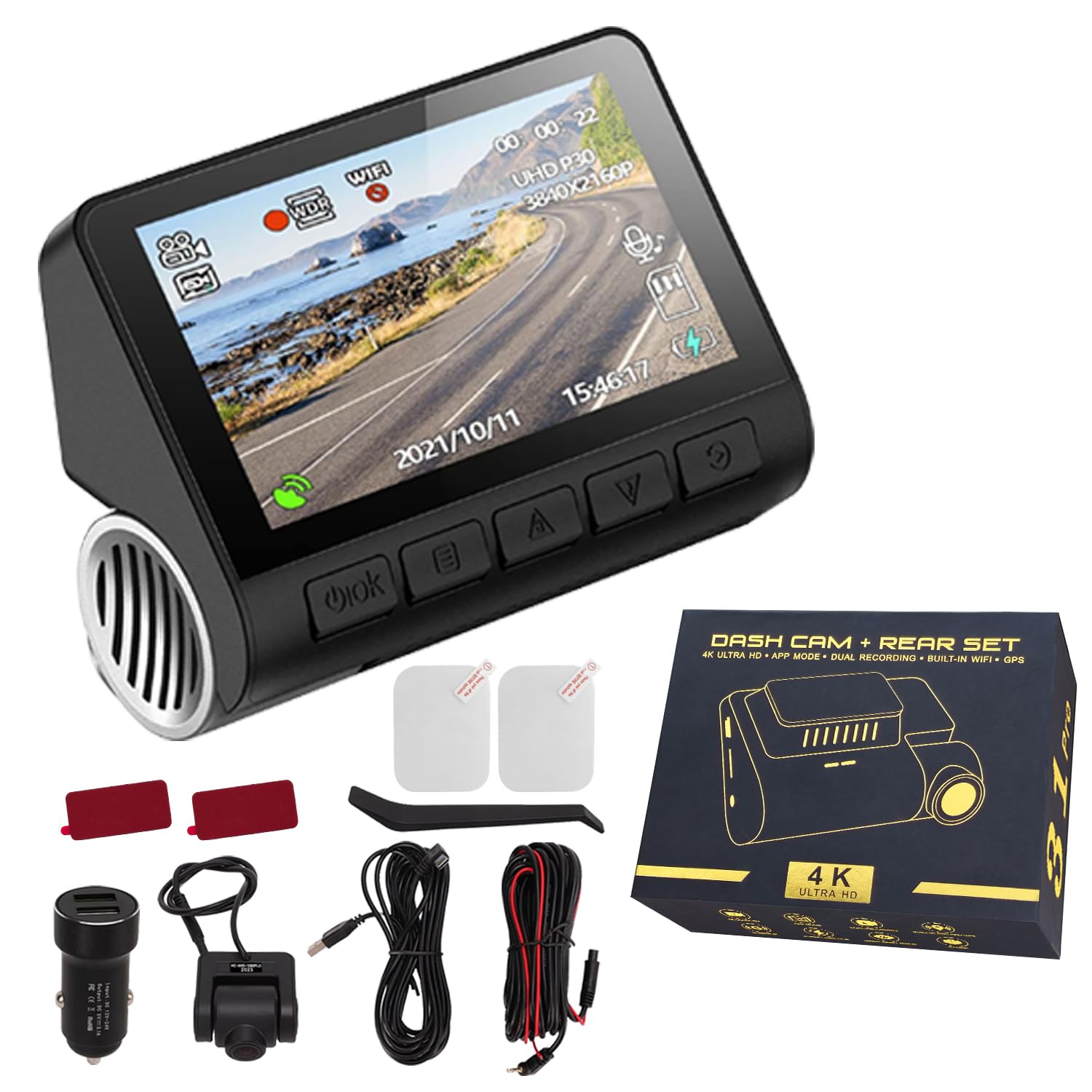 CLAYTON Dash Cam Front and Rear 4K 3440P X 2160P, 5G WiFi GPS, Wide-angle 170°, Dash Camera for Cars, Dual Dash Cam with WDR Night Vision, 24h Parking Mode, Loop Recording, APP