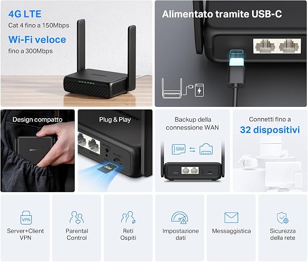 Mercusys MB113-4G Router WiFi con Sim, Wifi Portatile, 2 Antenne Pieghevoli, 4G LTE Wireless N300Mbps,Porta LAN+ Porta LAN/WAN, USB-C, Ricarica da Power Bank, VPN(Client/Server), SMS, APP, Plug&Play - 2