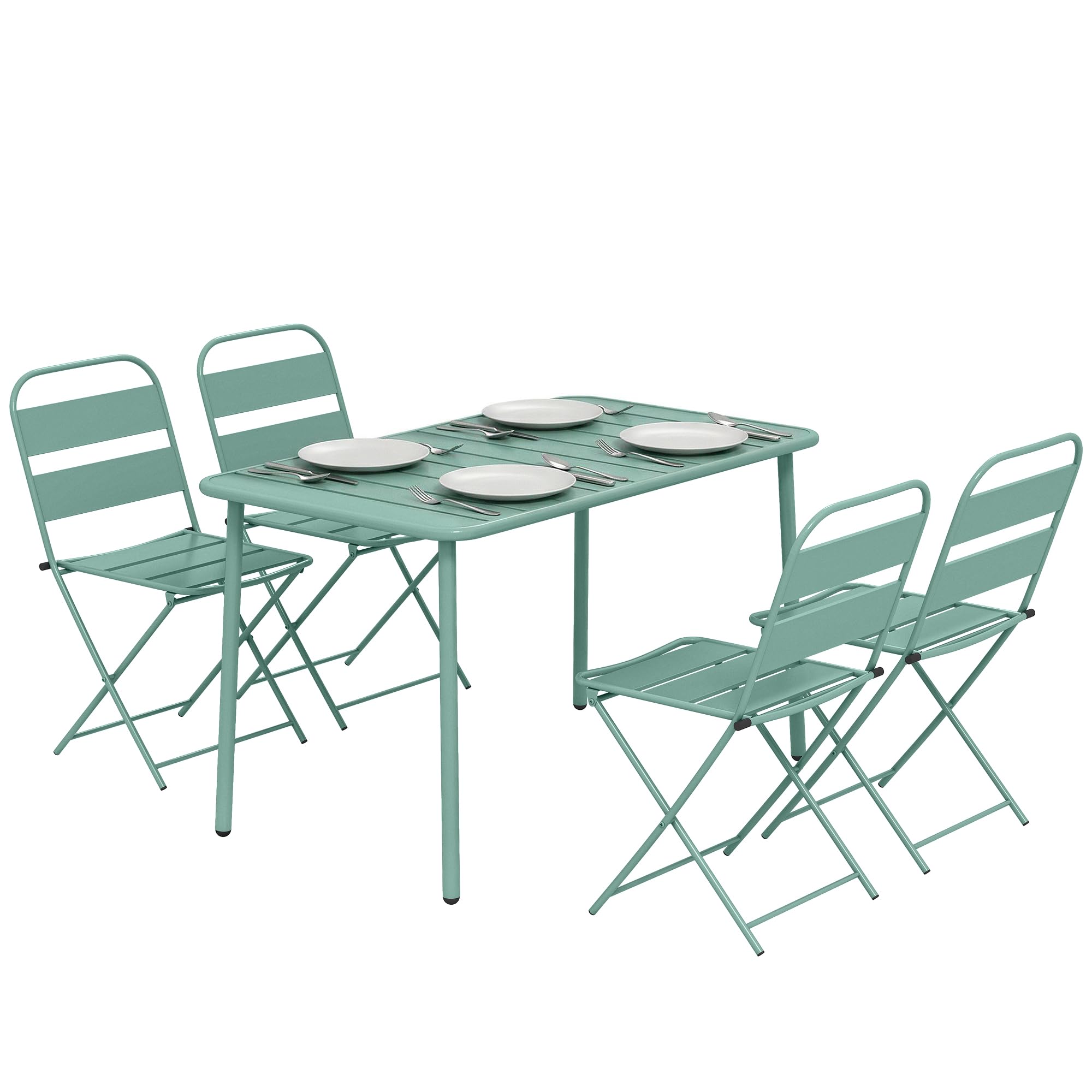 Outsunny Ensemble de Salle à Manger Extérieur 5 Pièces, 4 Personnes, Plateau à Lattes, Chaises Pliantes, Cadre Antirouille, Vert Clair