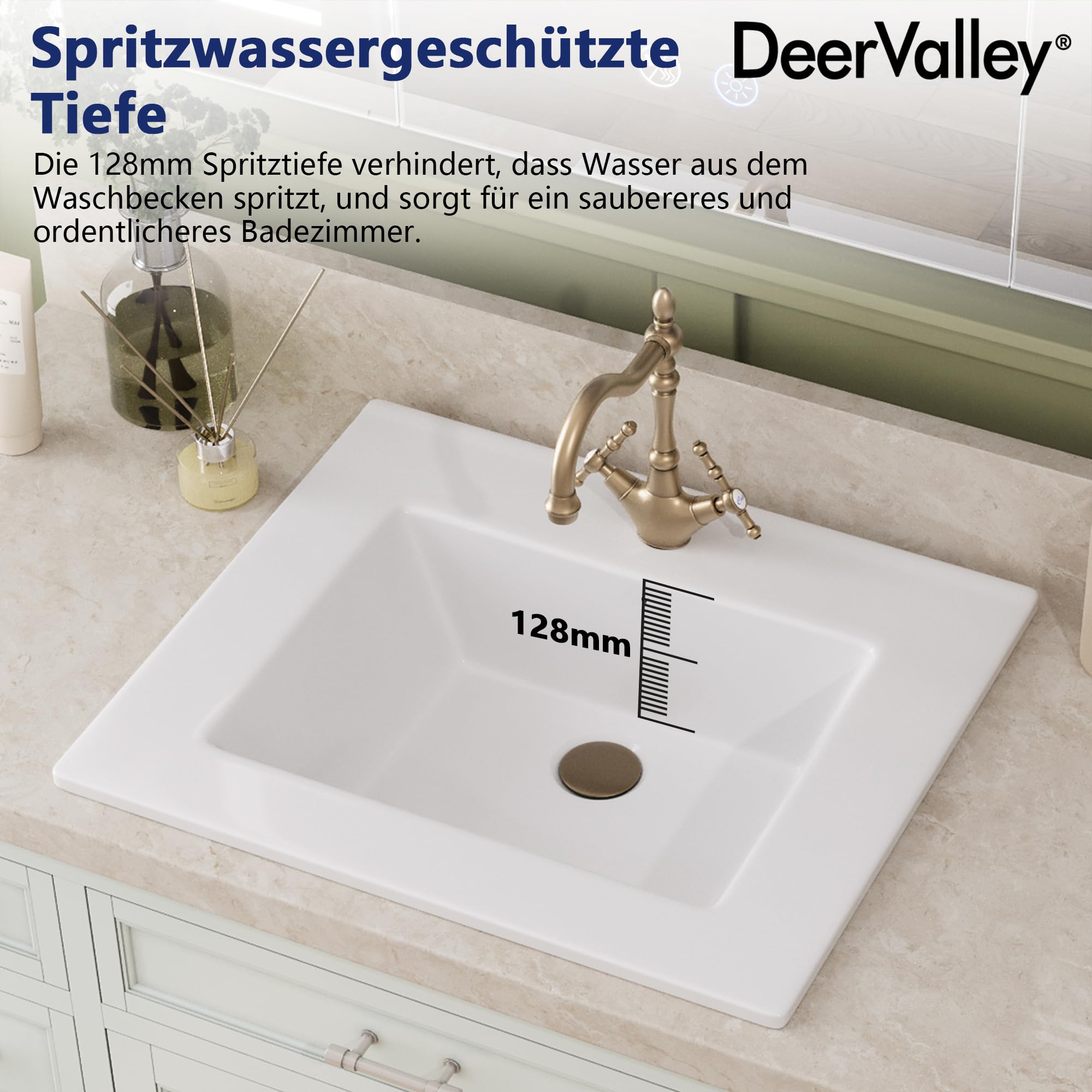 DeerValley Lavabo empotrable rectangular de cerámica con rebosadero de 53 x 46 cm