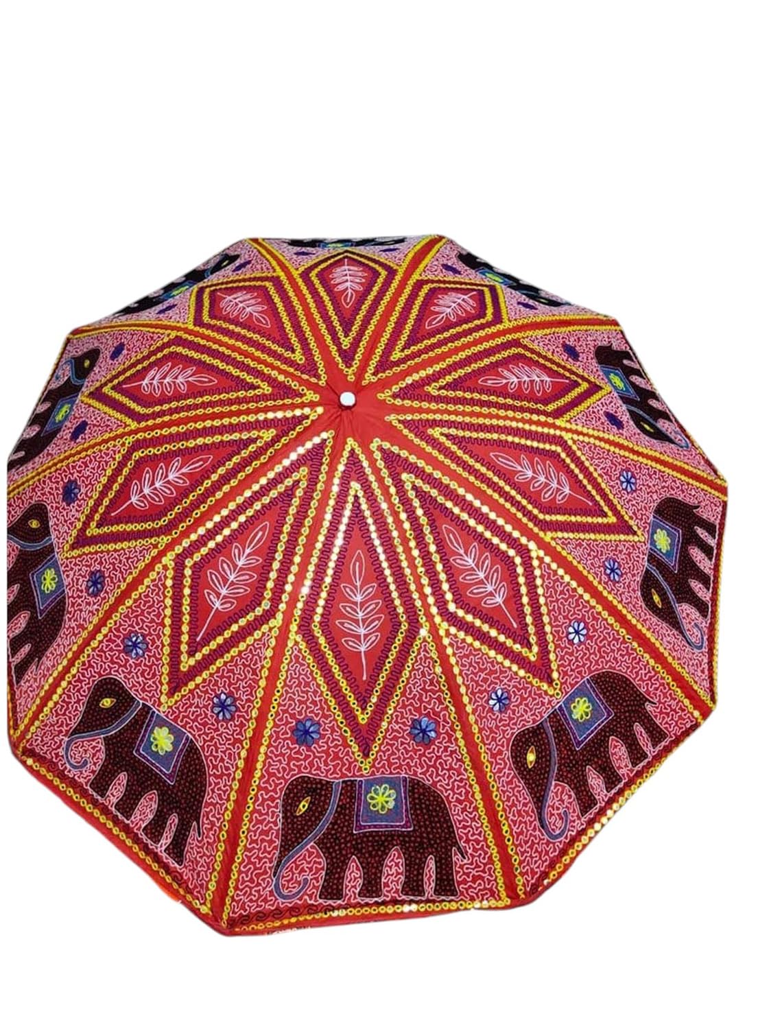 Arprani Red Elephant Beach Parasols-Garden Parasol Umbrella For Sun-Decorative Indian Cotton Handmade Bridal Umbrellas- Handcrafted Embroidered