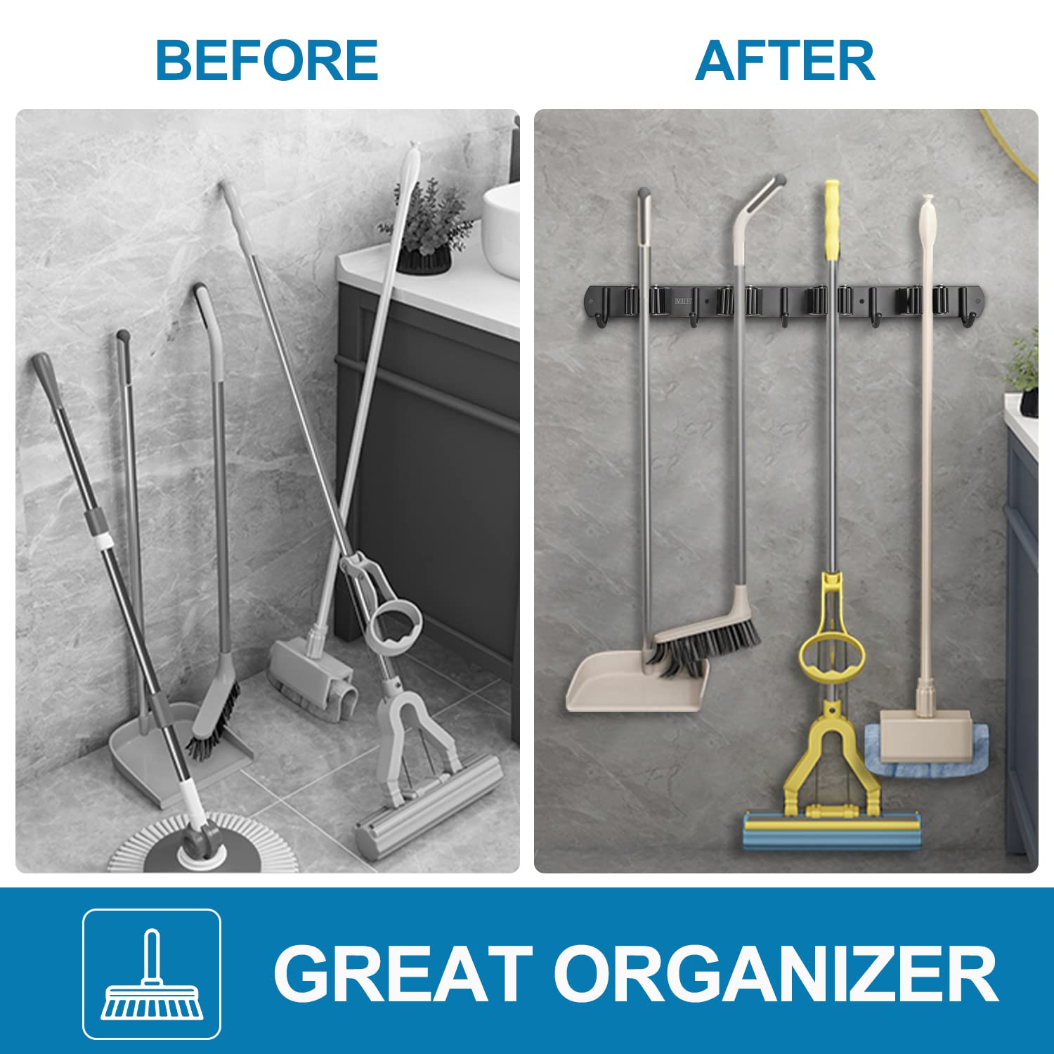 IMILLET Besen- und Wischmopphalter, Wandmontage, Besenhalter, Edelstahl, Besen-Organizer, robuster Werkzeug-Organizer, selbstklebender Mopphalter für Zuhause, Waschküche, Garage, Garten (4 Regale und
