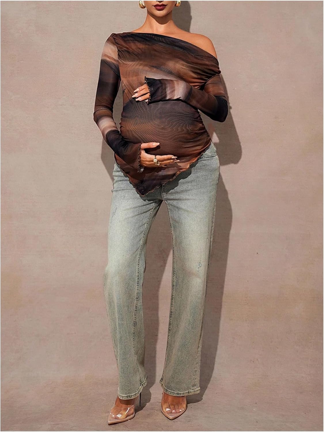 Women's Maternity Tie Dye Off The Shoulder Tops Asymmetrical Hem Long Sleeve T Shirts - Image 4