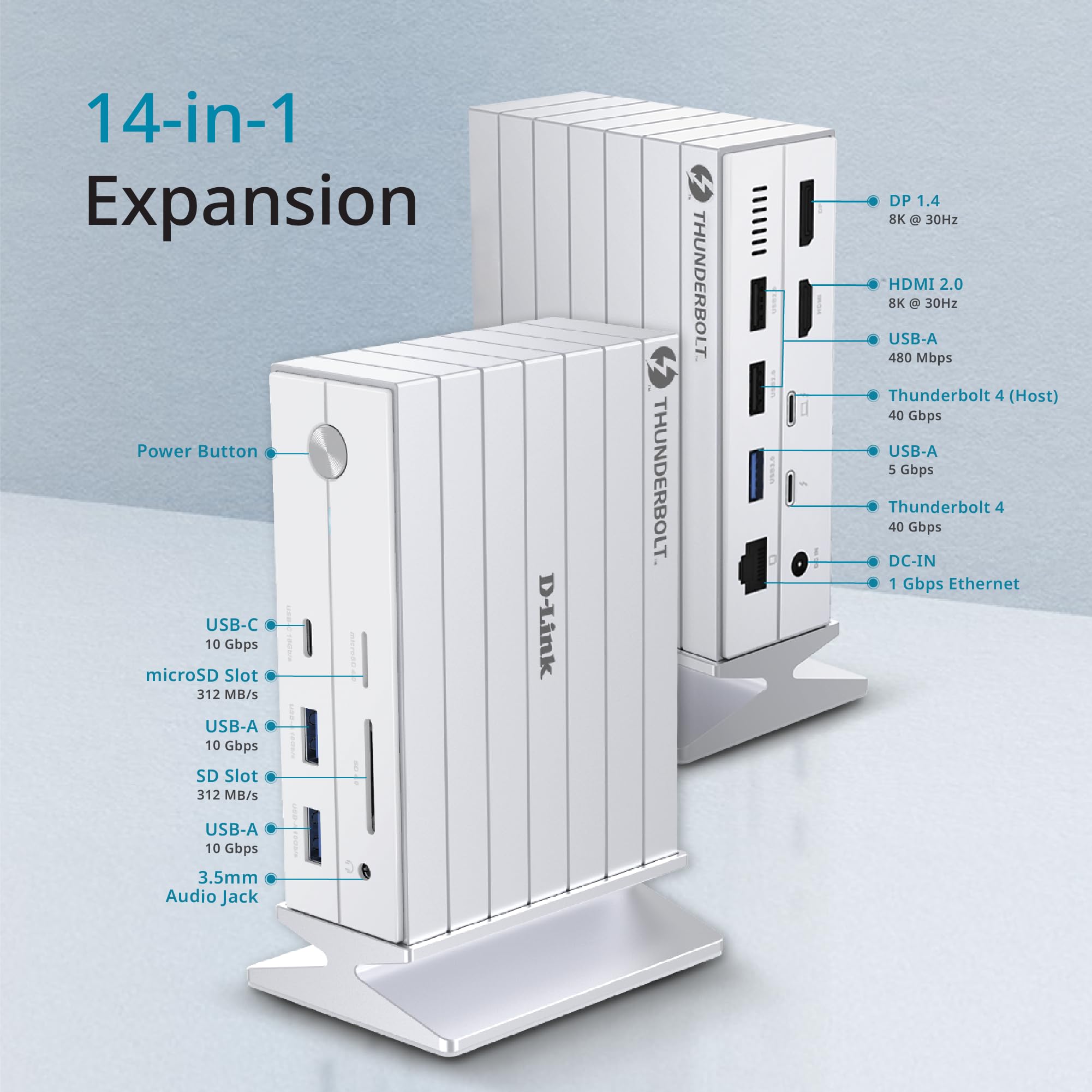 D-Link Stacja dokująca DUF-E01 Thunderbolt 4 14-w-1, potrójny wyświetlacz 8K, 40 GB/sek., ładowanie PD 60 W, HDMI 2.1, DP 1.4, Gigabit LAN, SD/microSD, Audio, Porty USB-C i USB-A - do komputerów Mac