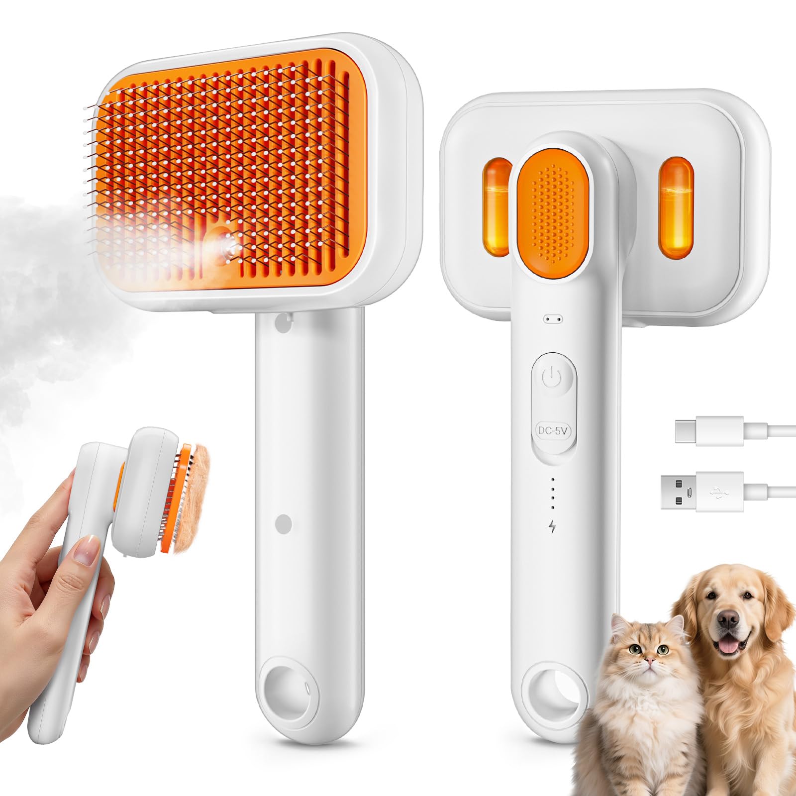 Haustier Dampfbürste für Hund & Katze, 3-in-1 Fellpflege-Sprühwerkzeug, 2-Modus Leiser Nebel & Selbstreinigender Sprühkamm, Sichtbares Wasserfenster, Extra Breite Dampfbürste für Lang- & Kurzhaarige