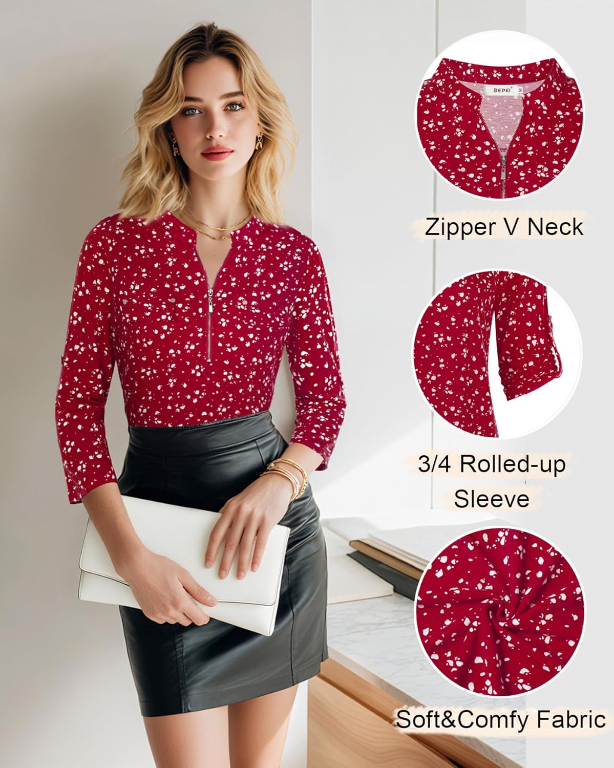 BEPEI Womens Floral 3/4 Sleeve Shirts Zip up V Neck Work Chiffon Blouses Top - Image 6