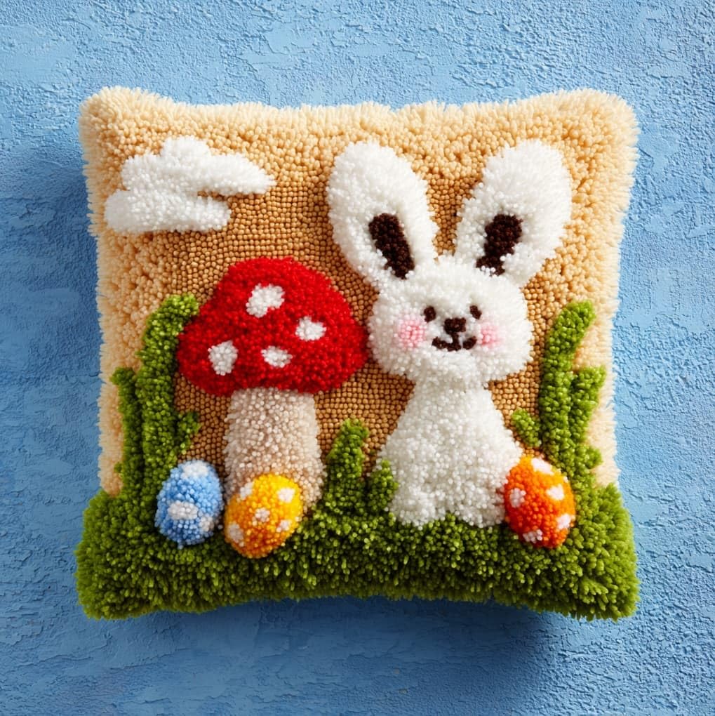 WallustrioaW Latch Hook Kit Cushion Latch Hook Kit,Cartoon Mushroom,Sofa Cushion Cover Embroidery Craft for Adults and Beginners,17x17in