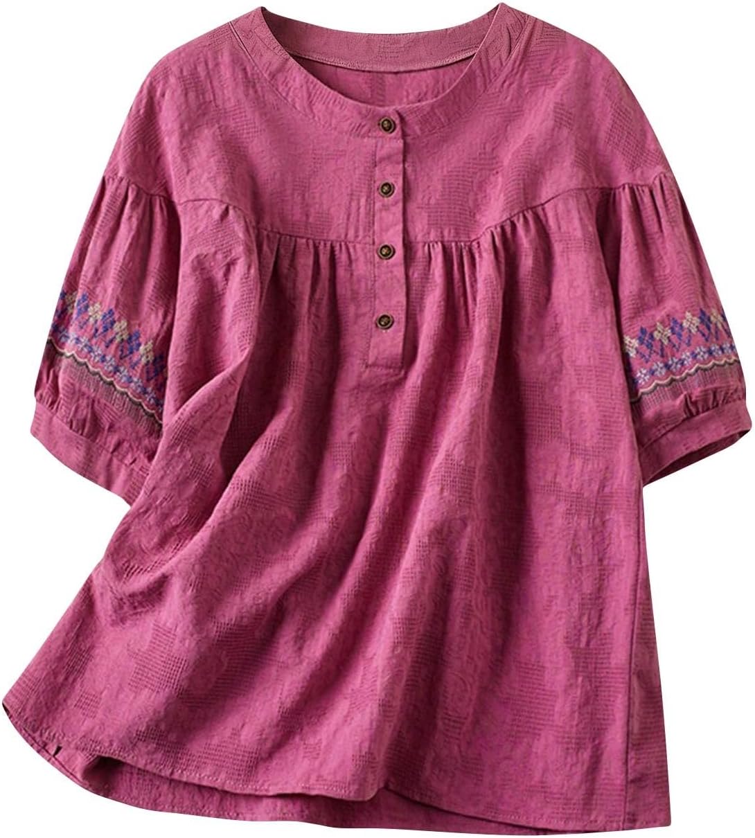 Embroidered Tops for Women Short Sleeve Boho Cotton Linen Shirts Vintage Peasant Blouses Summer Casual Henley Shirts