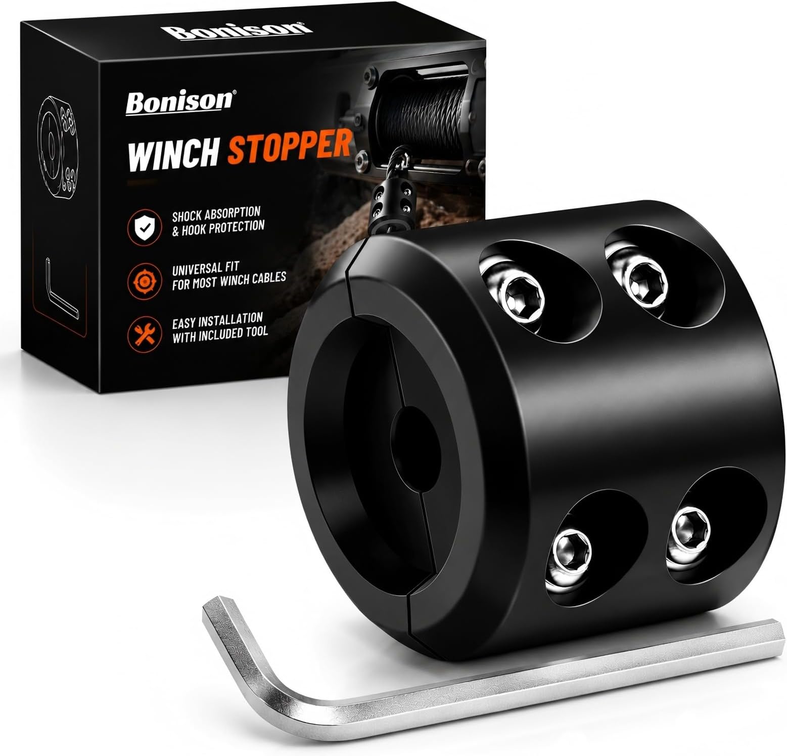 Bonison Winch Stopper for Cable. Truck UTV ATV Rubber Winch Cable Stopper, Protects Towing Hook, Synthetic Rope, Cable Line from Wear or Damage, Hawse, Bumper. (Black Winch Stopper)