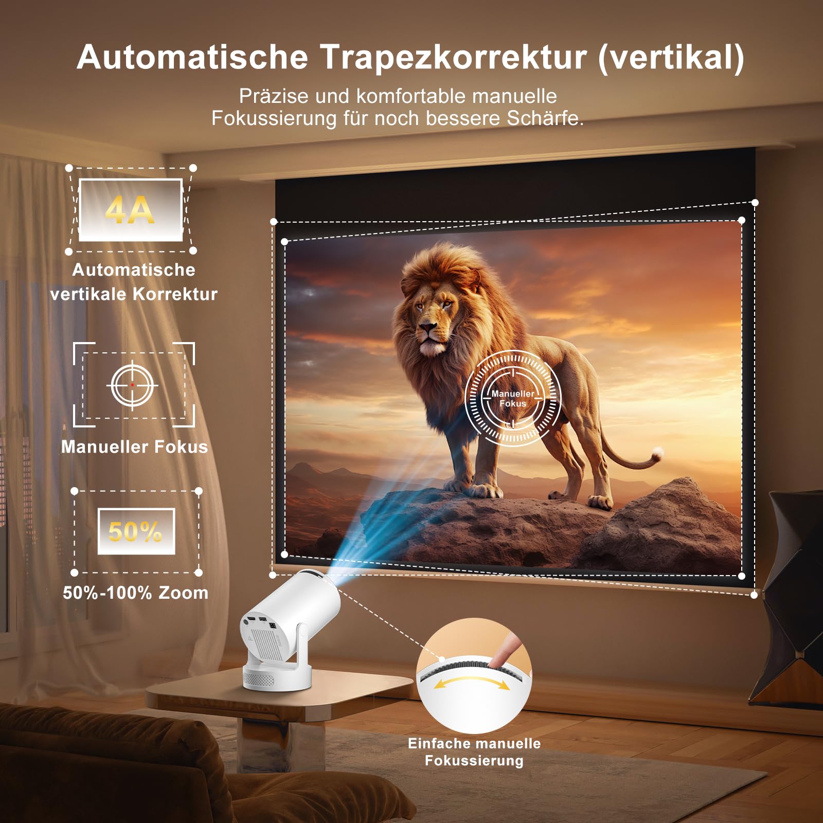 Videoproiettore portatile 2025, mini proiettore supporta 4K 1080P con WiFi 6 e Bluetooth 5.4 Android 11.0 180° rotazione 12000 lumen, altoparlante HiFi 5W integrato Home Cinema,bianco