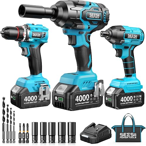 Seesii Impact Wrench Drill Driver,Power Tool Combo Kit For Car Home DIY | 1000N.m Impact Gun,1/4" 180N.m Impact Driver and 3/8" 50N.m Cordless Drill,2 * 4.0Ah Bartteris,Brushless,Fast Charger