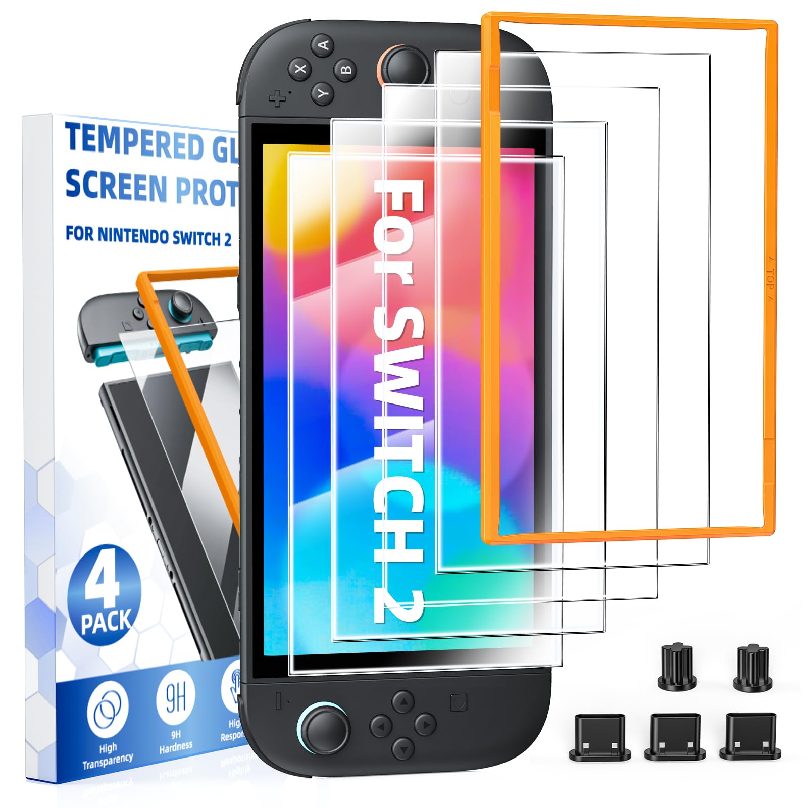 Paquete de 4 protectores de pantalla de vidrio templado para Nintendo Switch 2 [7.9 pulgadas] 2025, con marco de alineación, kits de limpieza, protector de pantalla Ultra HD para Switch 2, con kit de