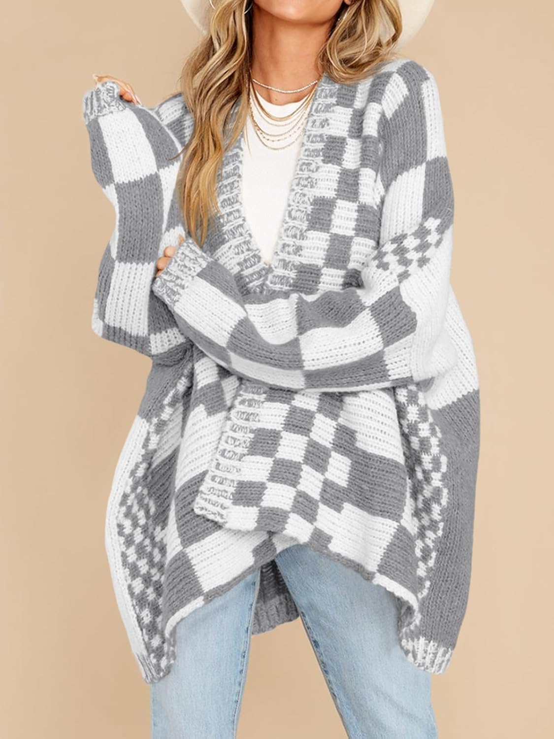 Saodimallsu Womens Checkered Sweater Color Block Plaid Cardigans Oversized Long Sleeve Knit Open Front Coats - Image 3
