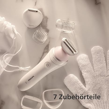 Philips Lady Shaver Series 6000 – Kabelloser Rasierer mit 6 Zubehörteilen Körperpeeling-Handschuh Trimmer für die Bikinizone (Modell BRL146/00)