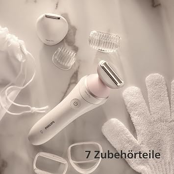 Philips Lady Shaver Series 6000 – Kabelloser Rasierer mit 6 Zubehörteilen Körperpeeling-Handschuh Trimmer für die Bikinizone (Modell BRL146/00)