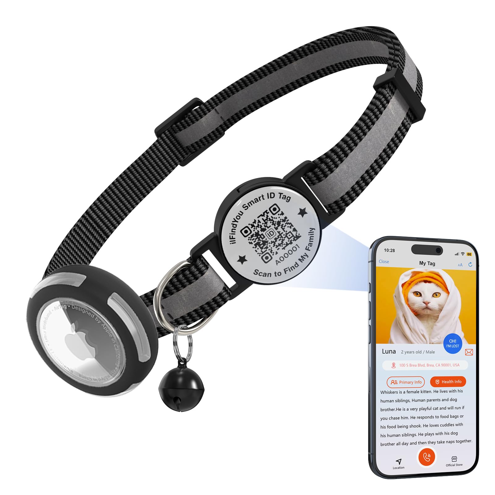 ilFindYou Waterproof Airtag Cat Collar Breakaway, Reflective Cat Collars with Apple Airtag Holder and Qr Code, Adjustable ...