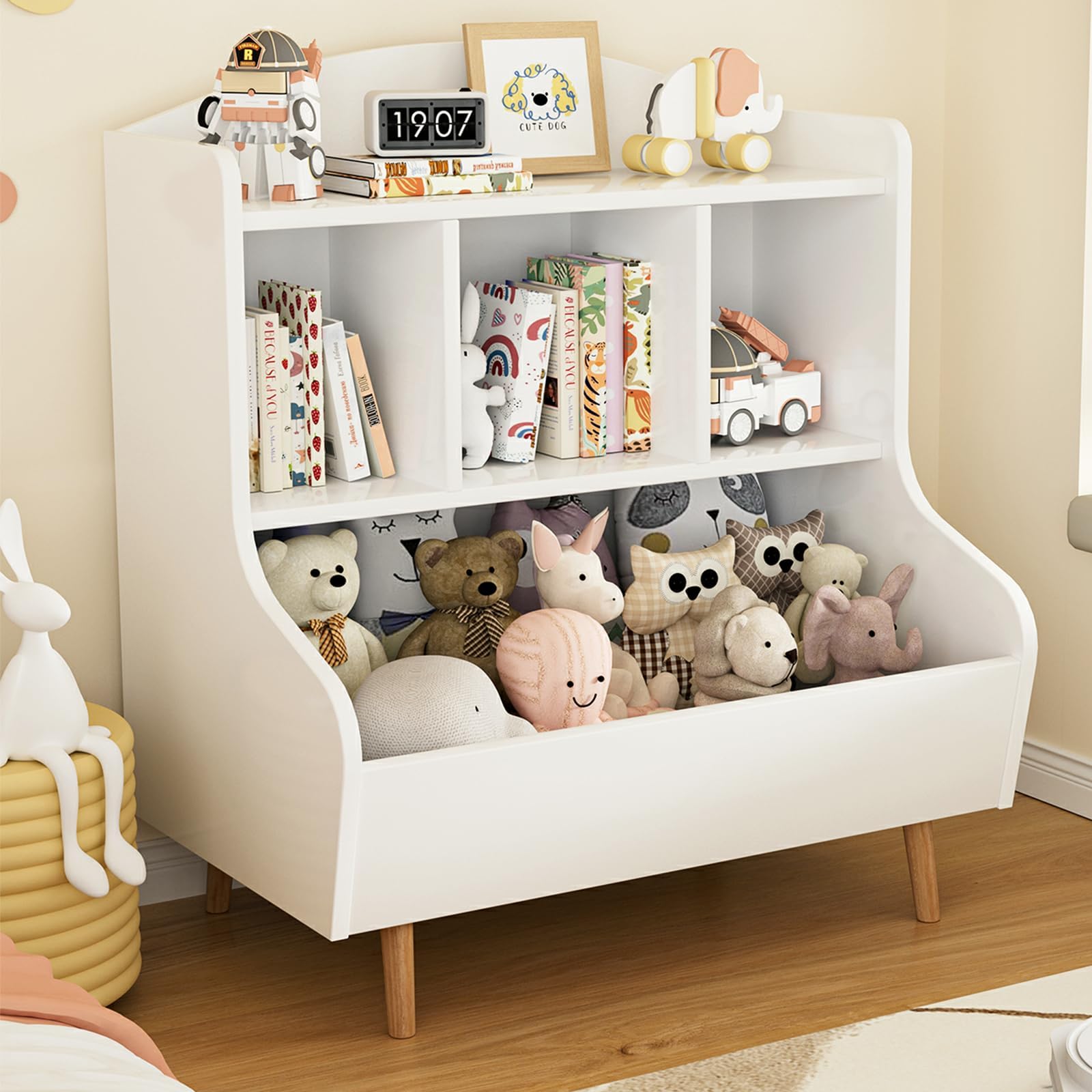 Estantería para niños con Almacenamiento de Juguetes - Biblioteca para niños, estantería de 3 Niveles con Patas, 5 Compartimentos para habitación de niños y de bebé, Blanca