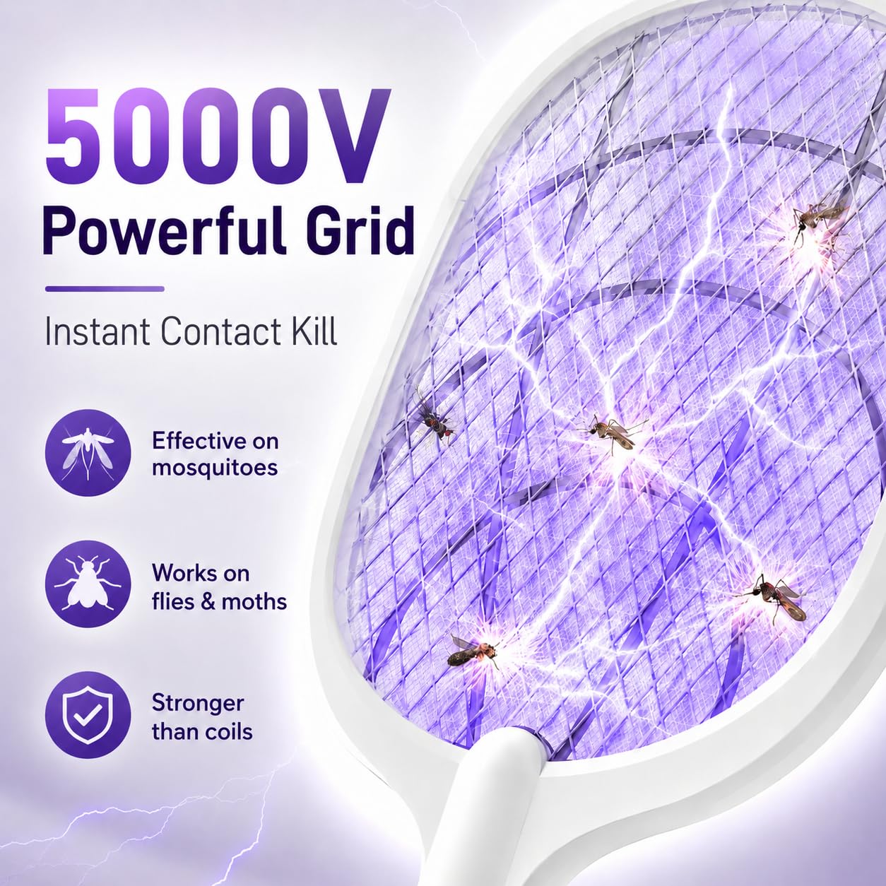 DANGZW Elektrische Fliegenklatsche 5000V, Wiederaufladbare Mückenklatsche Elektrisch mit 2000mAh Akku, Abnehmbarer Griff, UV-Lichtfalle & Ladestation, Insektenvernichter für Mücken Fliegen Motten