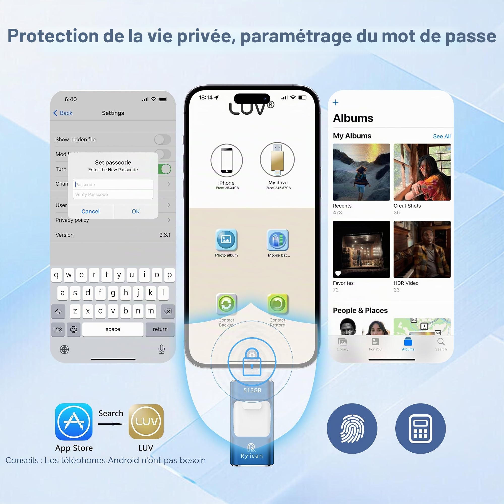 Clé USB pour Phone,Ryican 512Go Clef USB Sauvegarde en Clic USB 3.0 Photostick Externe Mémoire 4 in 1 Pendrive pour iOS/Android/PC/Smartphone/Tablette/PC/Mac,avec Fonction Protection par Passe(Bleu)