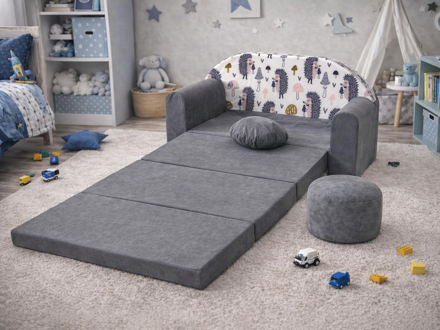 Divano letto pieghevole per bambini con funzione letto Perfetto per giocare e dormire - Con materasso, cuscino e pouf sfoderabili - 98x168x59 cm AX1 Grigio - Ricci