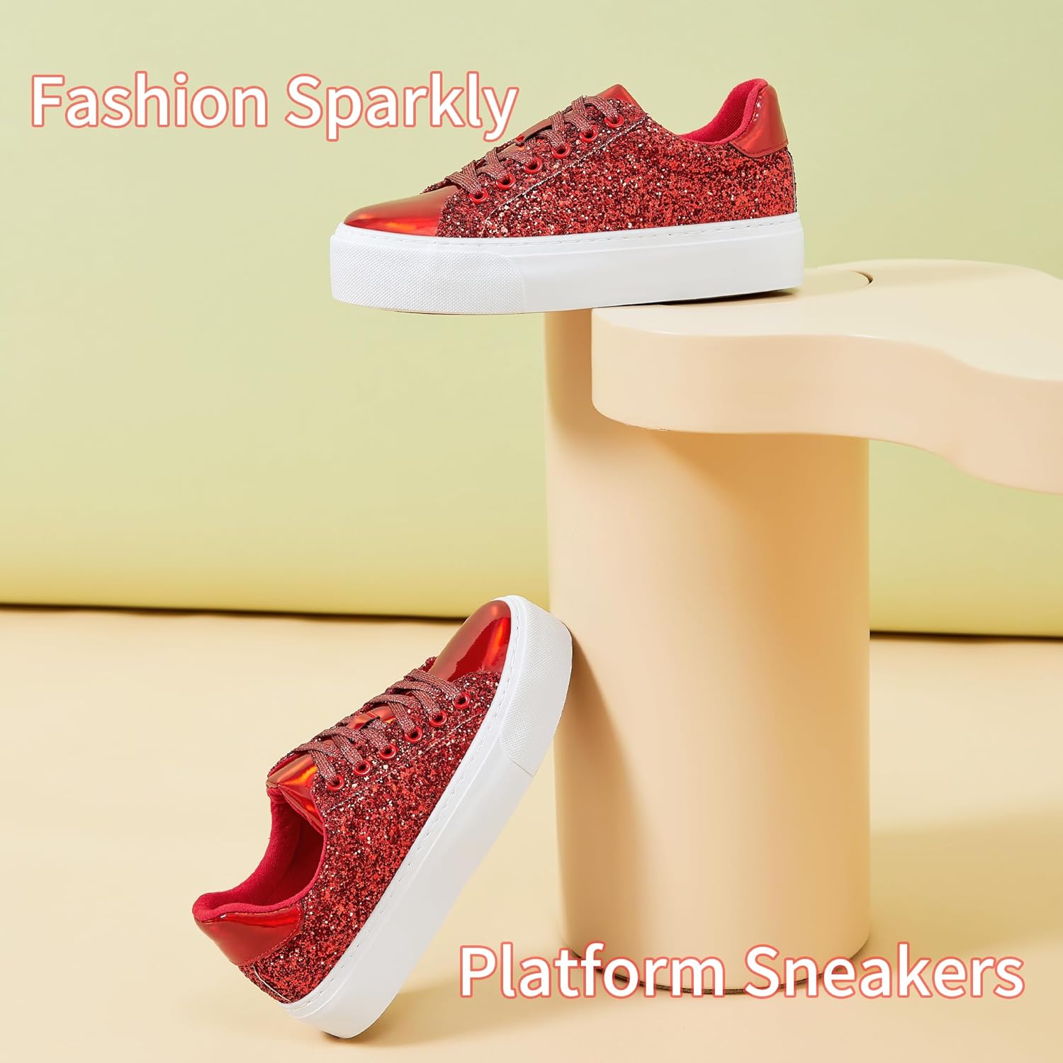 AISFAES Women Glitter Platform Sneakers Sparkly Lace-Up Chunky Sneakers Fashion Low-Top Tennis Shoes Comfortable Metallic Sequin Walking Shoes - Image 7