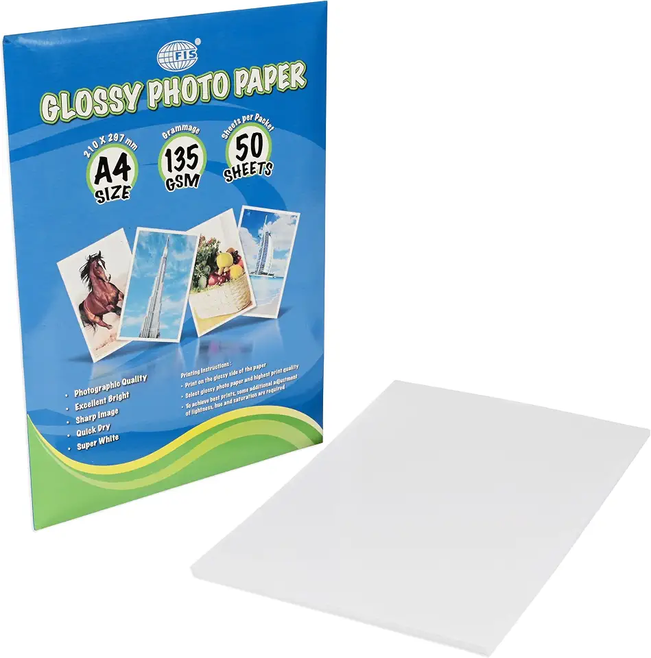 FIS® Glossy Photo Paper, A4 Size(210x297mm), 135 Gsm Thickness, 50 Sheets Per Pack-FSPAGP13550N