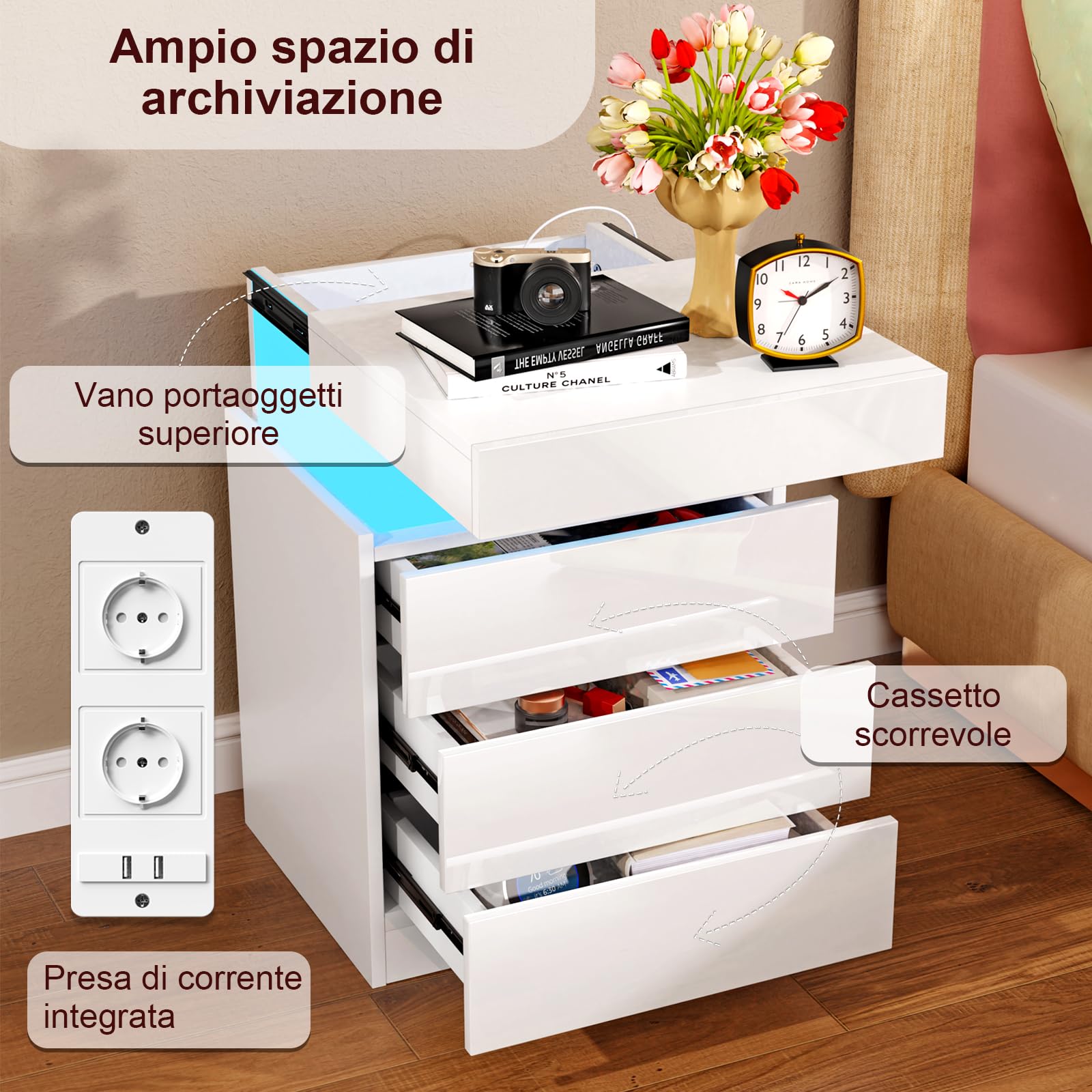 Comodino Camera da Letto con LED, Comodini con Stazione di Ricarica, 2 Prese AC 2 Porte USB, 3 Cassetti e Armadietti Scorrevoli Nascosti, Per Arredamento Camera da Letto. (Bianco, 67x40x45 cm)
