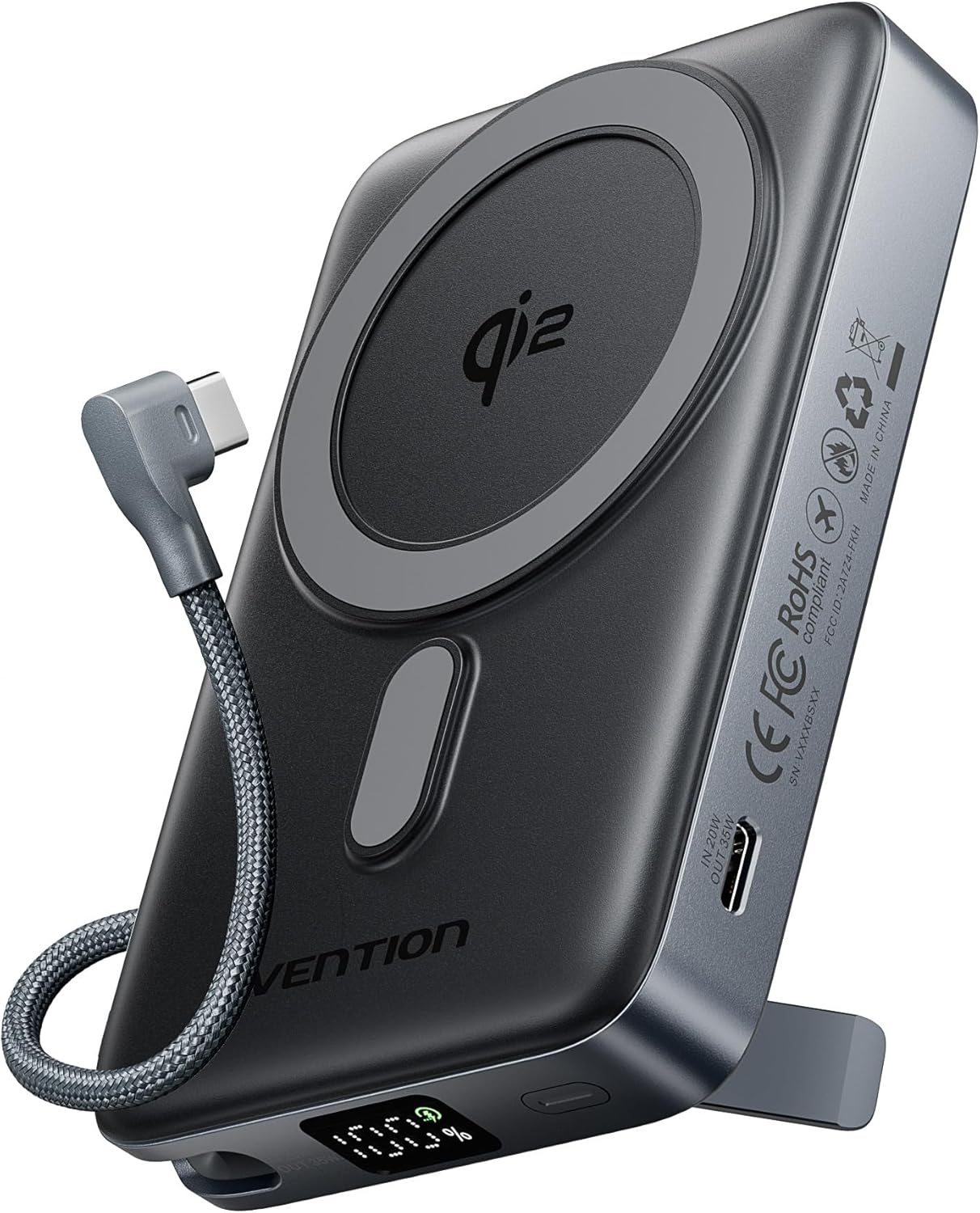 VENTION Qi2 Certified 15W Magnetic Wireless Power Bank 10000mAh, PD 35W Fast Charging Portable Charger with Foldable Stand, LED Display, Battery Pack MagSafe Compatible with iPhone 16-12 Series