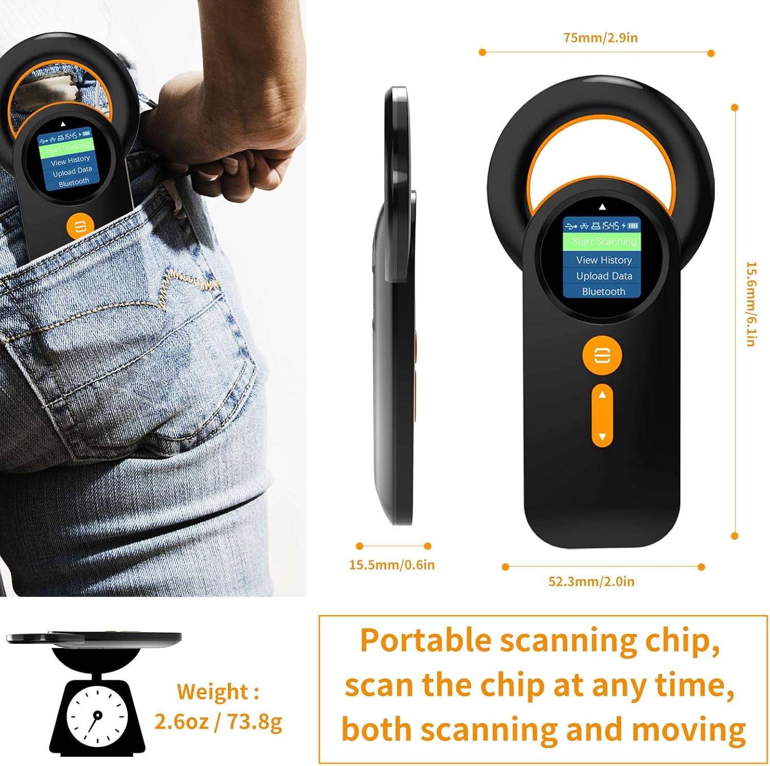 Dimensions and weight of the Alacrity Pet Microchip Reader