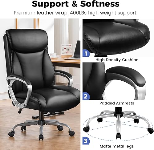 Miniatura 5 de COMHOMA Silla ergonómica de oficina en casa, sillas de escritorio cómodas con respaldo de piel sintética, silla de oficina ejecutiva con ruedas,