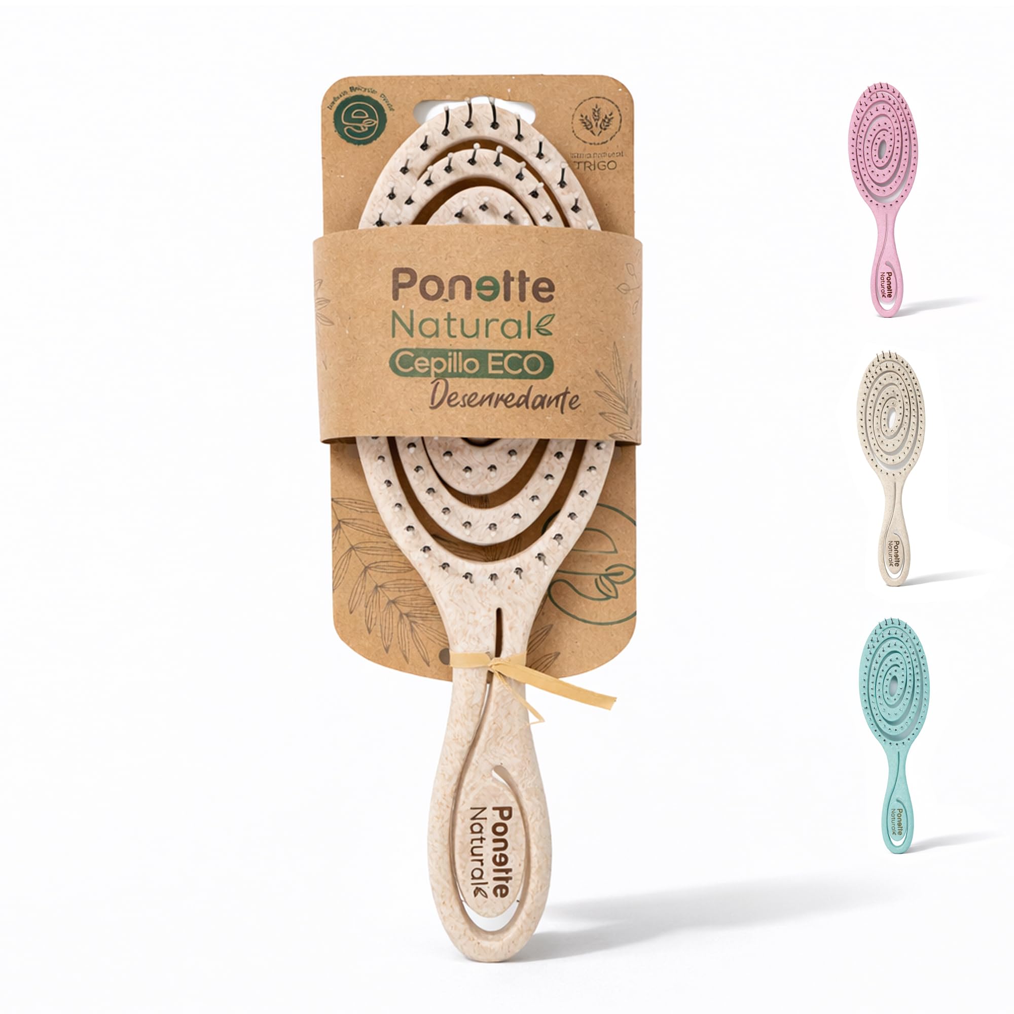 PONETTE NATURAL - Cepillo de Pelo ECO Masajeador Ecológico Beige Desenredante Antitirones, Fabricado con Fibra Natural de Trigo, 100% Reciclable, Marca Española