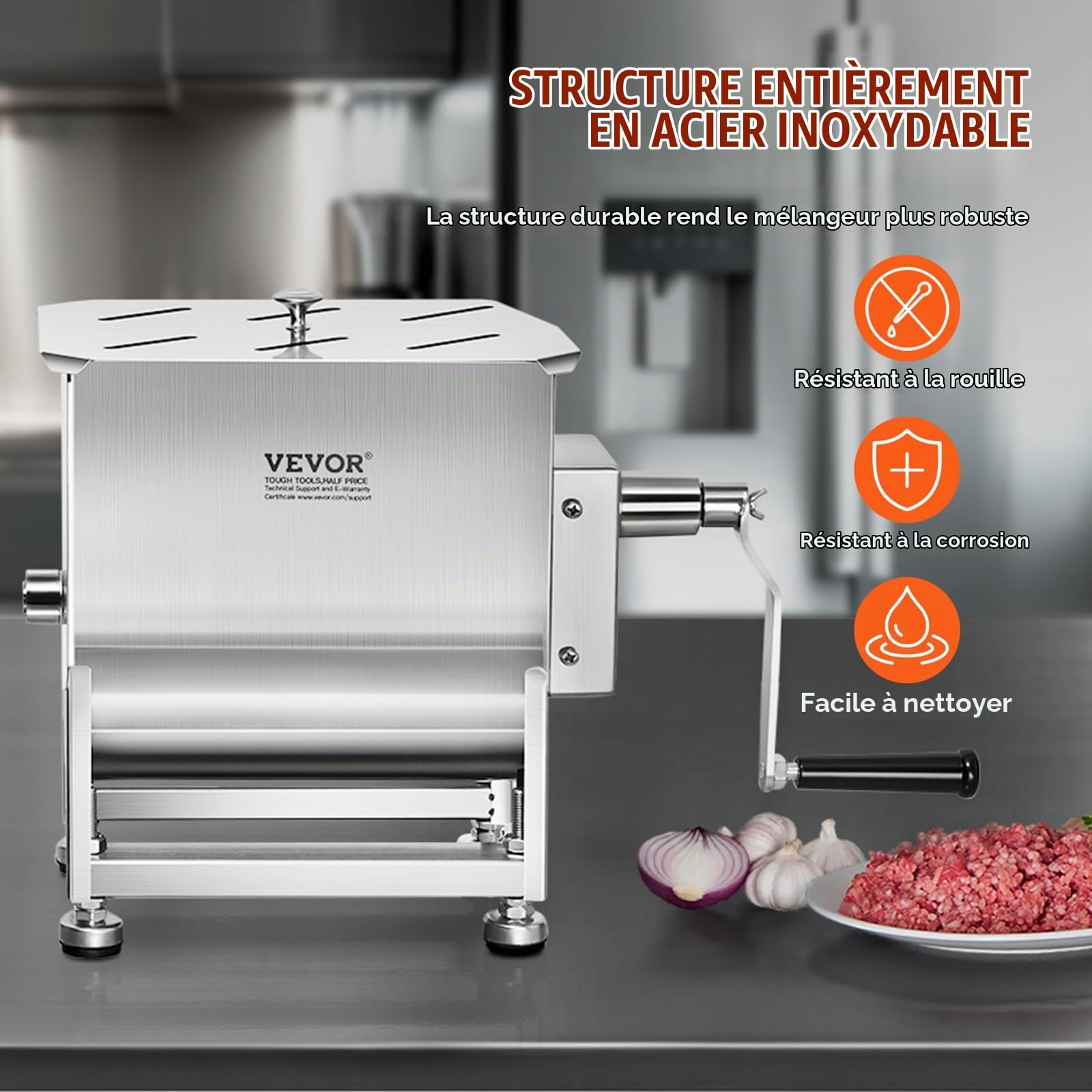 VEVOR Mélangeur à Viande Manuel, Équipement de Traitement de la Viande avec Réservoir de 10 L, Machine à Mélanger pour Chair à Saucisse avec Couvercle et Poignée, pour Bœuf Haché Cuisine, Argent