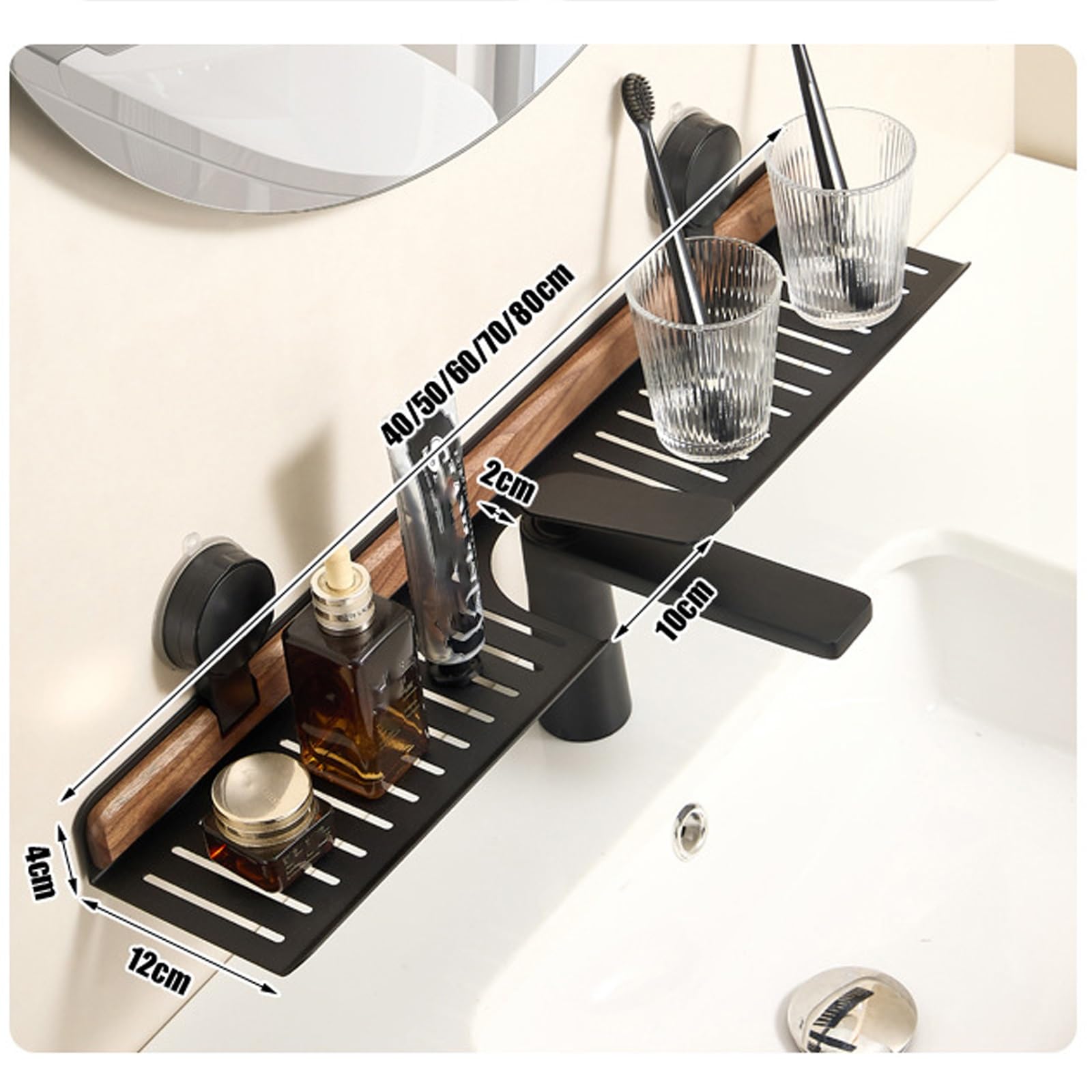 Luxe Organizer do zlewu łazienkowego bez wiercenia, 50 cm, półka z przyssawką, na płytki szklane i lustro, pojemność 2,3 kg, ze zdejmowanym drewnianym stojakiem, stylowe białe akcesoria do domu