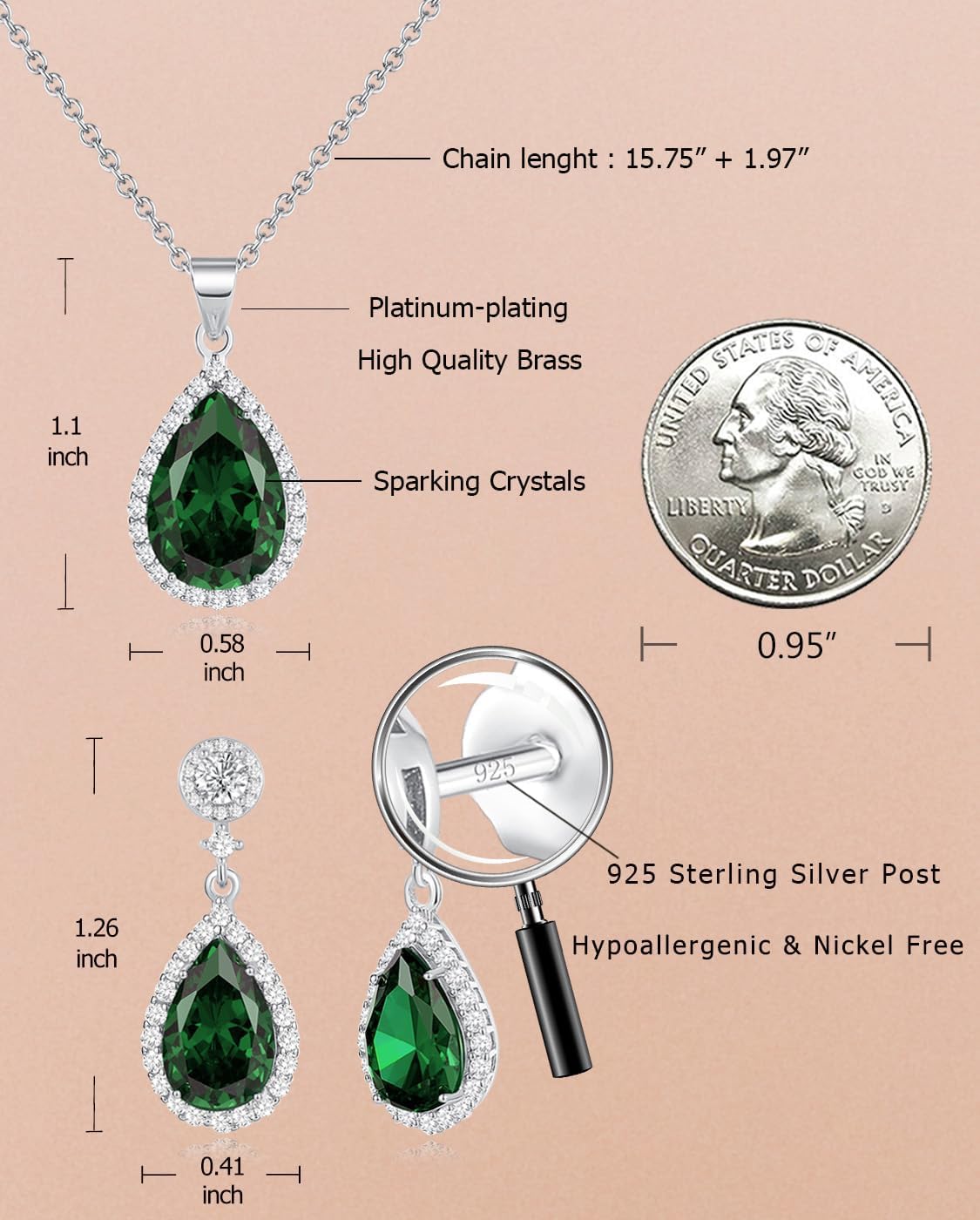 REASAYLL Jewelry Sets For Women 925 Sterling Silver Post Teardrop Dangle Stud Earrings Necklace Set Crystal Rhinestone Wedding Prom Costume Jewelry for Women - Image 3