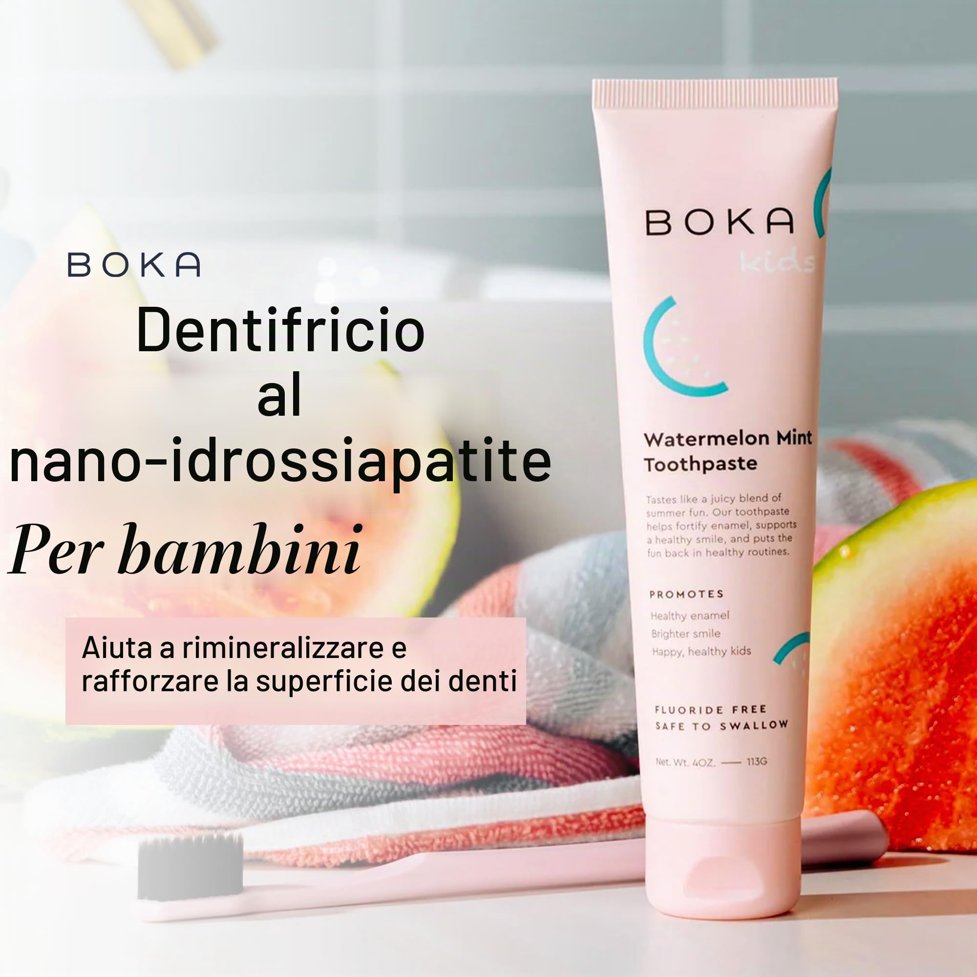 Boka Dentifricio nano idrossiapatite senza fluoro, aiuta a rimineralizzare, adatto per denti sensibili, sbiancamento - per adulti, bambini igiene orale - sapore di menta e anguria, 120 ml, 1