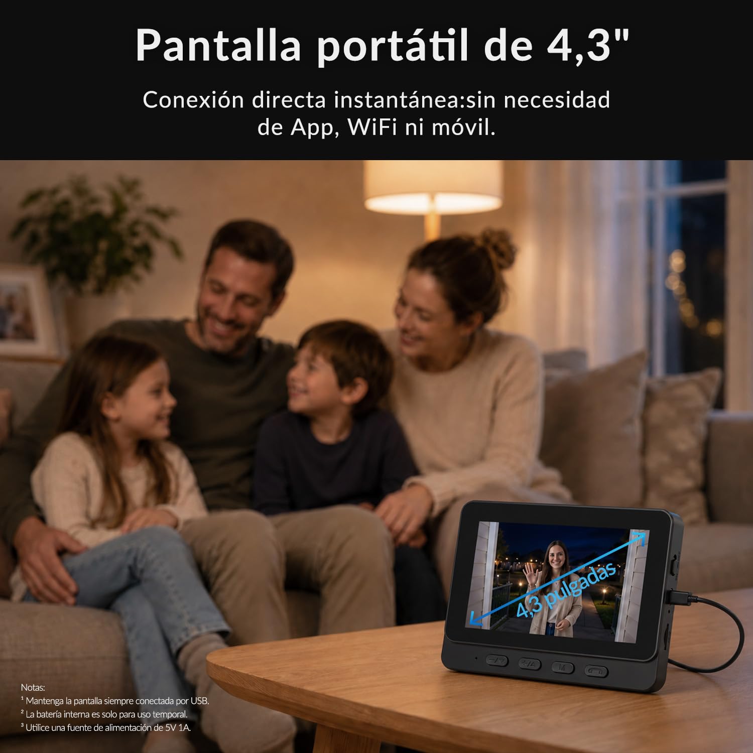 Videoportero Inalámbrico con Pantalla 4,3" Sin WiFi ni App, Timbre con Cámara Exterior IP65 Impermeable para Exterior, Monitor Interior, 135° Gran Angular, Audio Bidireccional y Visión Nocturna