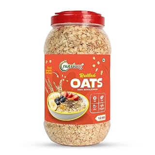 Nutriorg Rolled Oats 1.2 Kg | Gluten Free | High protein | Weight loss | Fibre Rich | Easy to Cook | Overnight Oats | Nutritional Breakfast Cereal Oats | Air Tight Plastic Jar