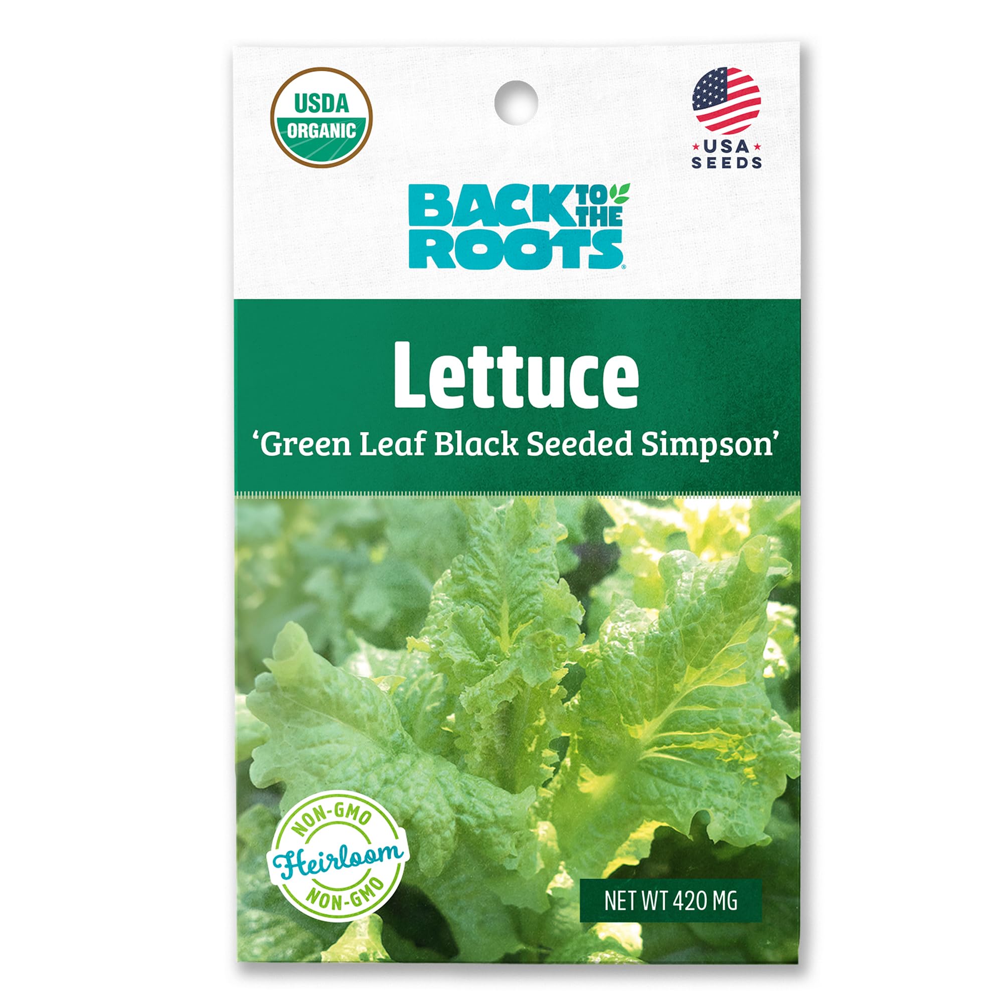 Back to the Roots 100% Organic Seed Packet - Lettuce 'Green Leaf Black Seeded Simpson' 420mgUSDA Organic