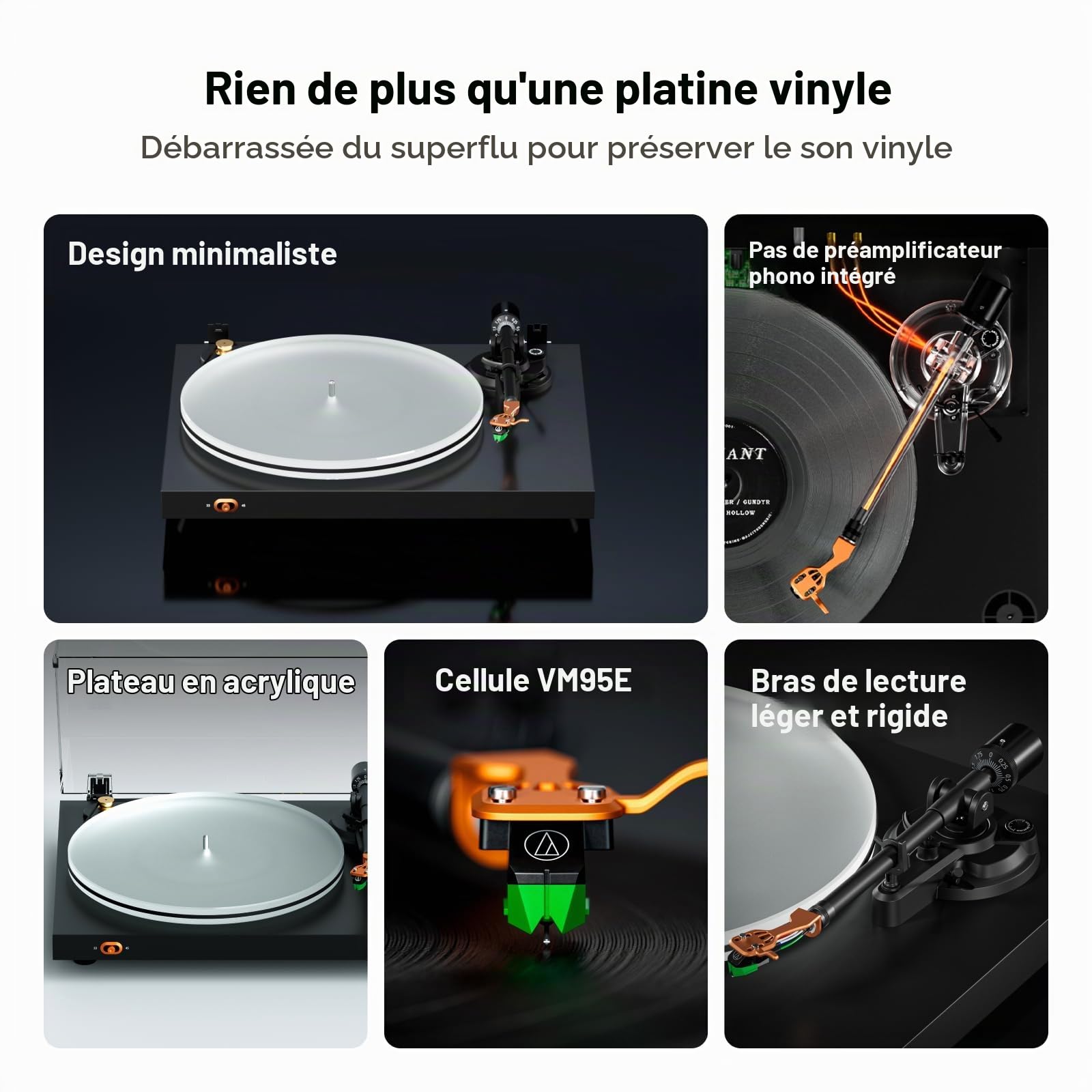 Fosi Audio Luna3 Platine Vinyle, Tourne-Disque Hi-FI avec Cellule VM95E, Plateau Acrylique, Moteur Servo, sans Préampli Phono Intégré, Bras Aluminium – Noir