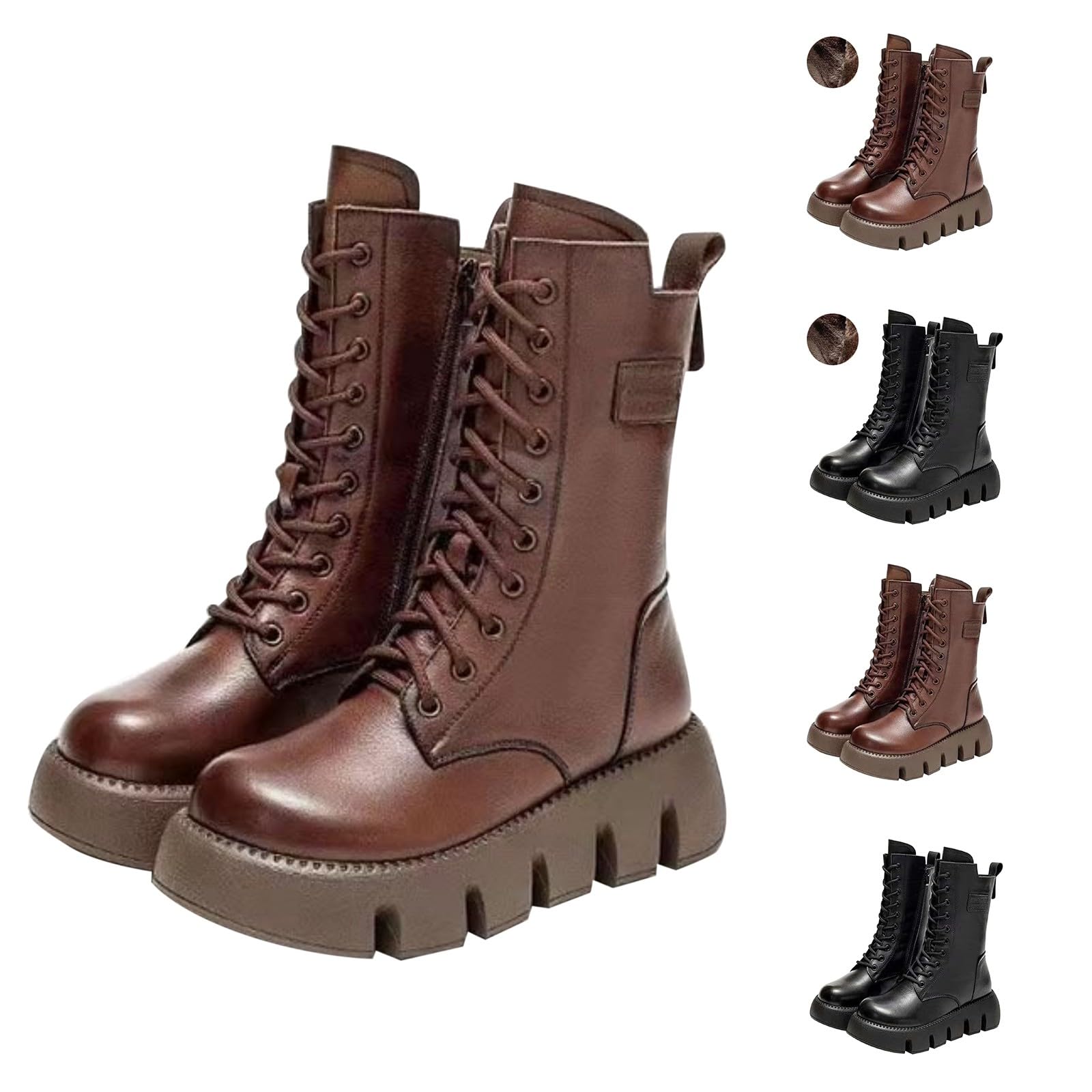 Botas con cordones para mujer, forradas, botas de invierno de piel, botines