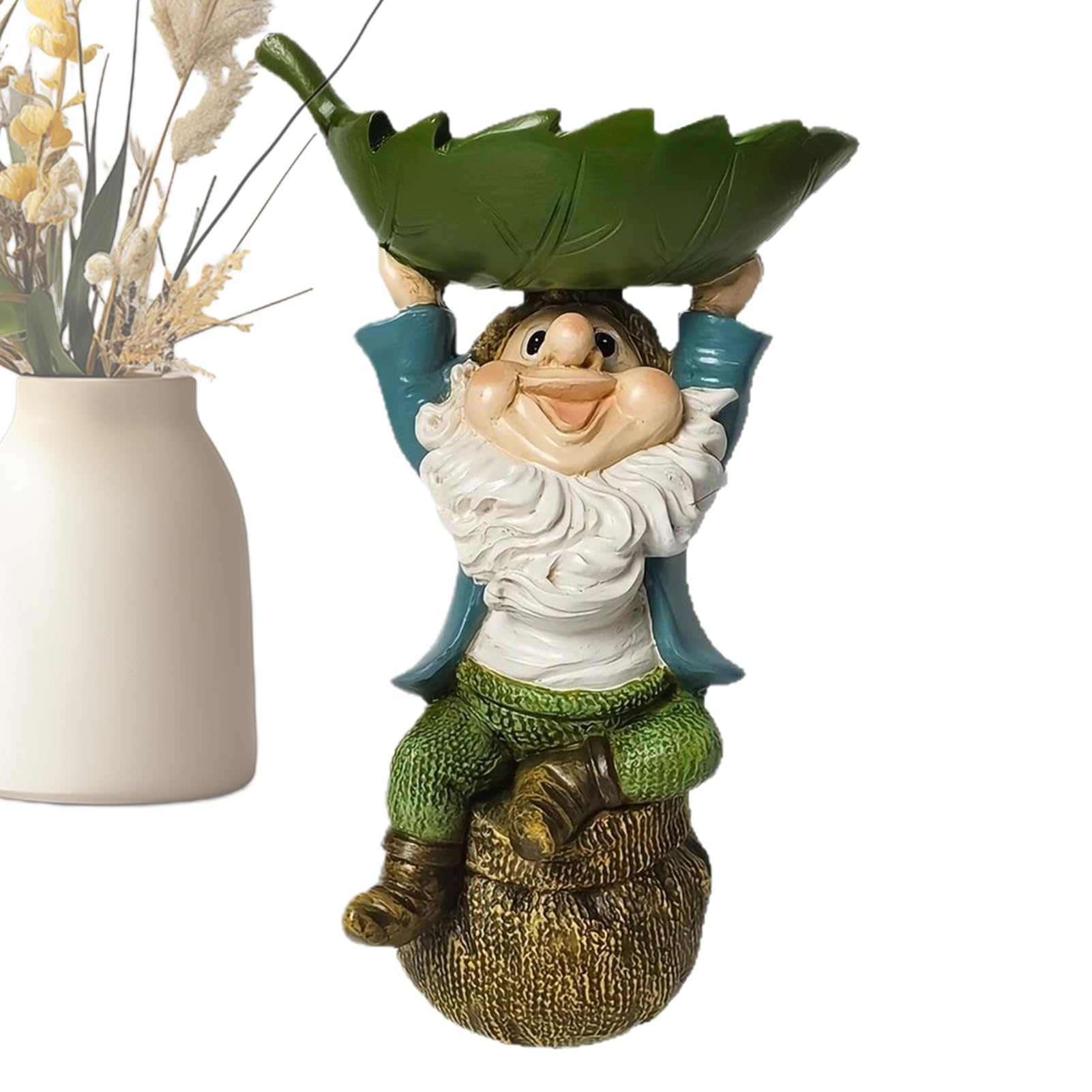 Bain d'oiseaux en résine haute résistance avec figurine de nain pour extérieur