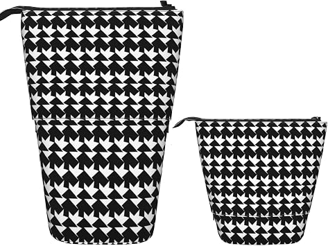 Telescopic Pencil Bag Pen Holder Pop Up Standing Pencil Case Houndstooth Black Cute Pencil Pouch Bag Stand Up Pen Bag Makeup Cosmetics Bag for Adult Office Supplies