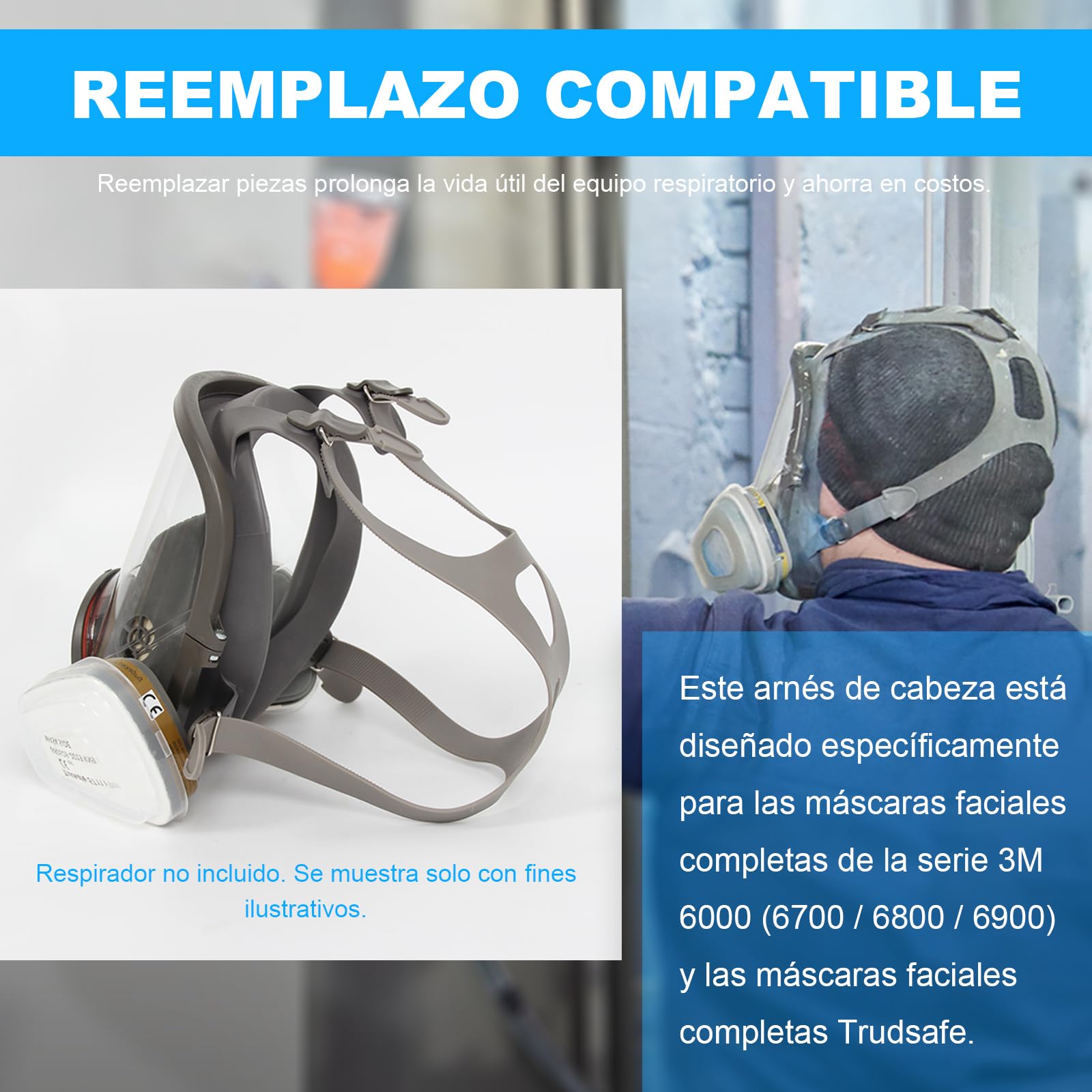 Arnés Para La Cabeza 6897 Compatible con serie 6000, 6700, 6800 y 6900 de 3M, Trudsafe 6800, Recambio de Arnés de Cabeza para Respirador Facial Completo